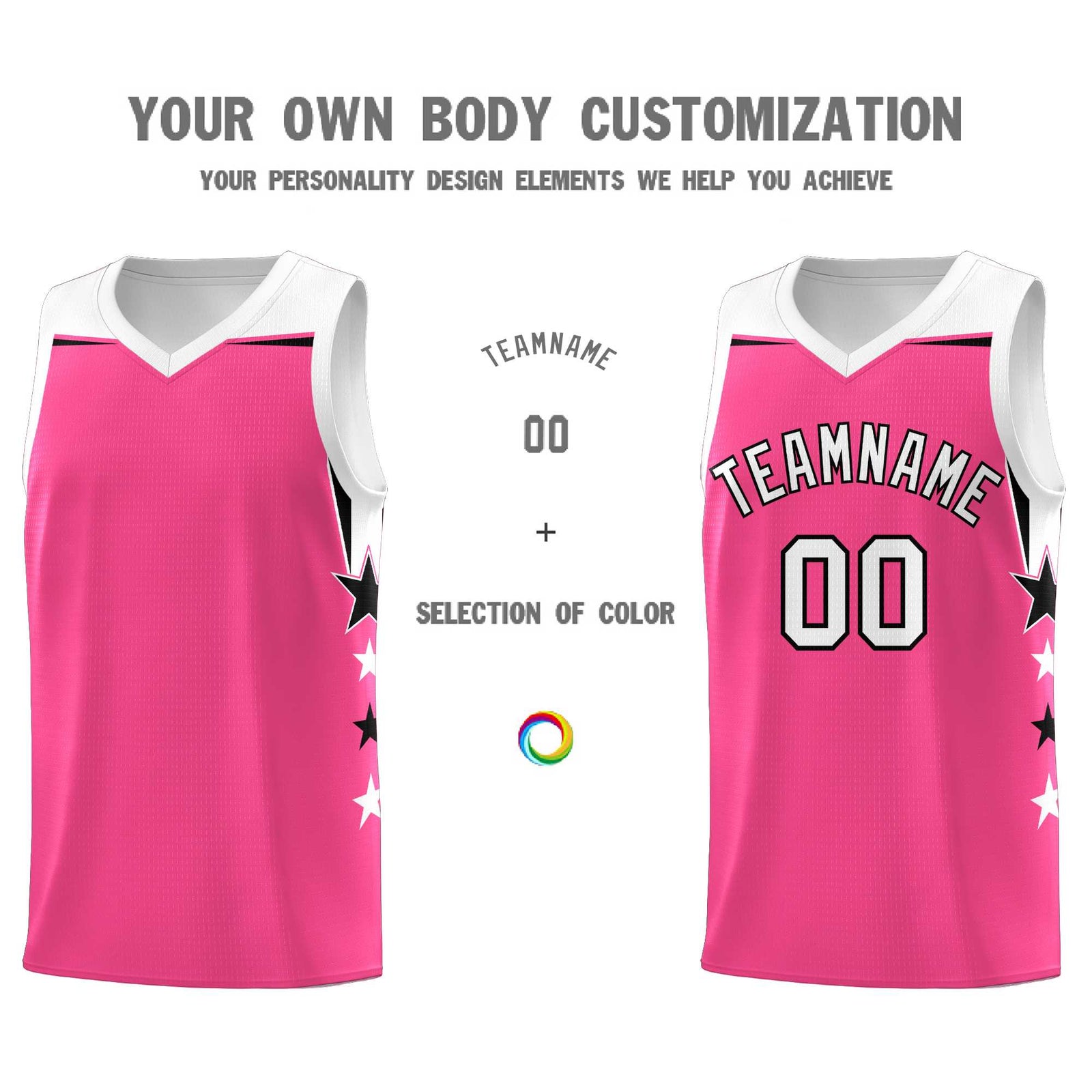 Custom Youth Basketball Uniform Pink White Two Tone Side Star Add Name Number & Logo