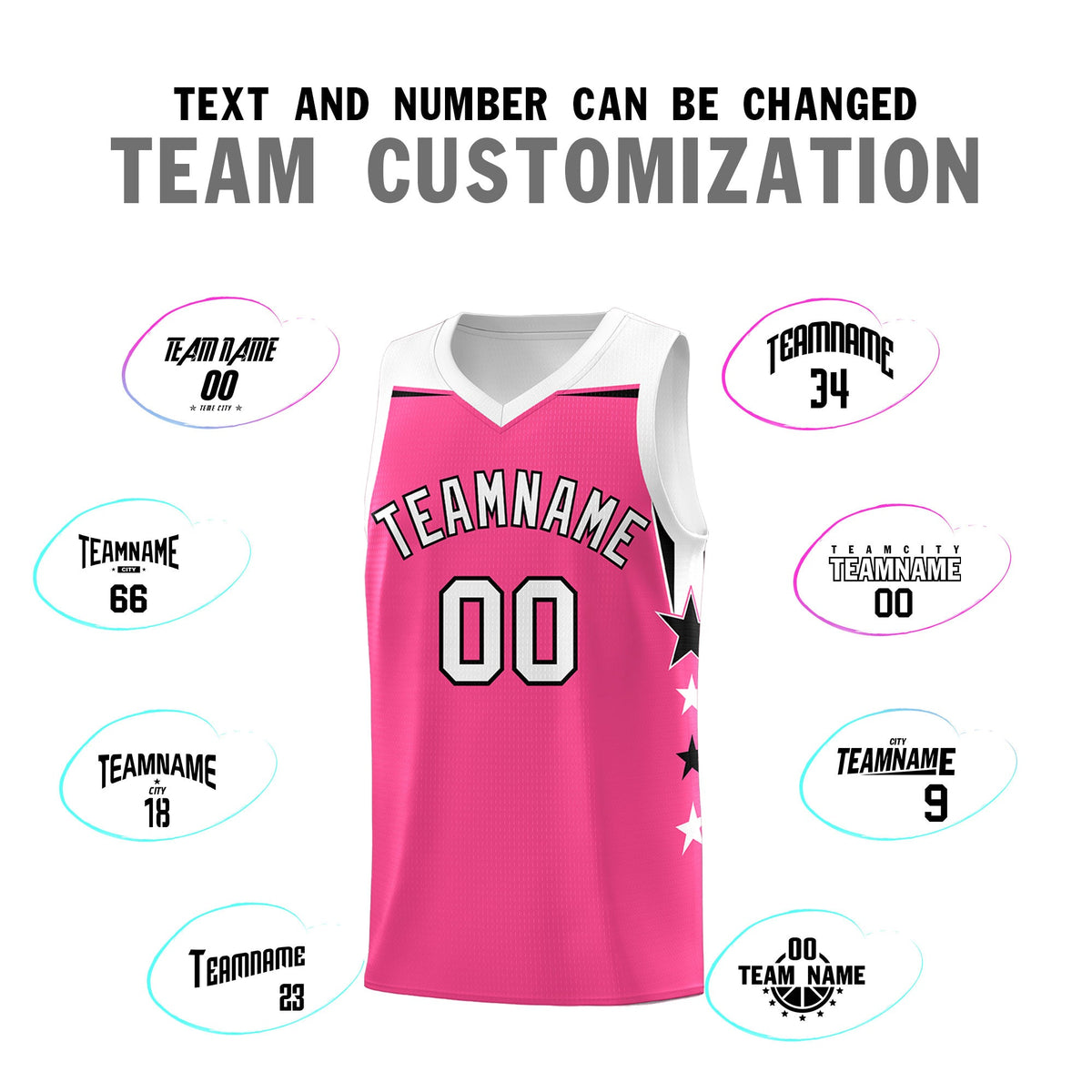 Custom Youth Basketball Uniform Pink White Two Tone Side Star Add Name Number &amp; Logo