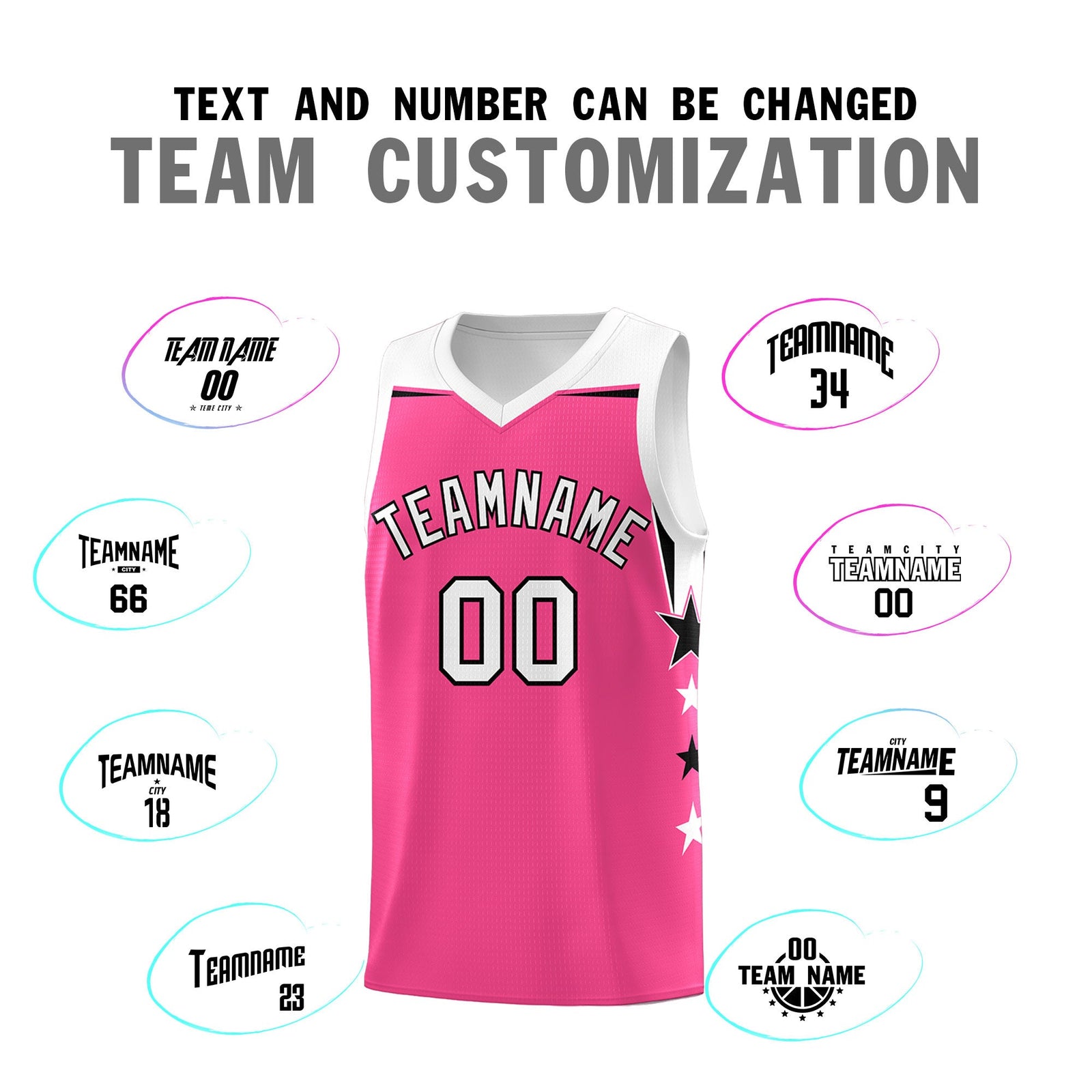 Custom Youth Basketball Uniform Pink White Two Tone Side Star Add Name Number & Logo