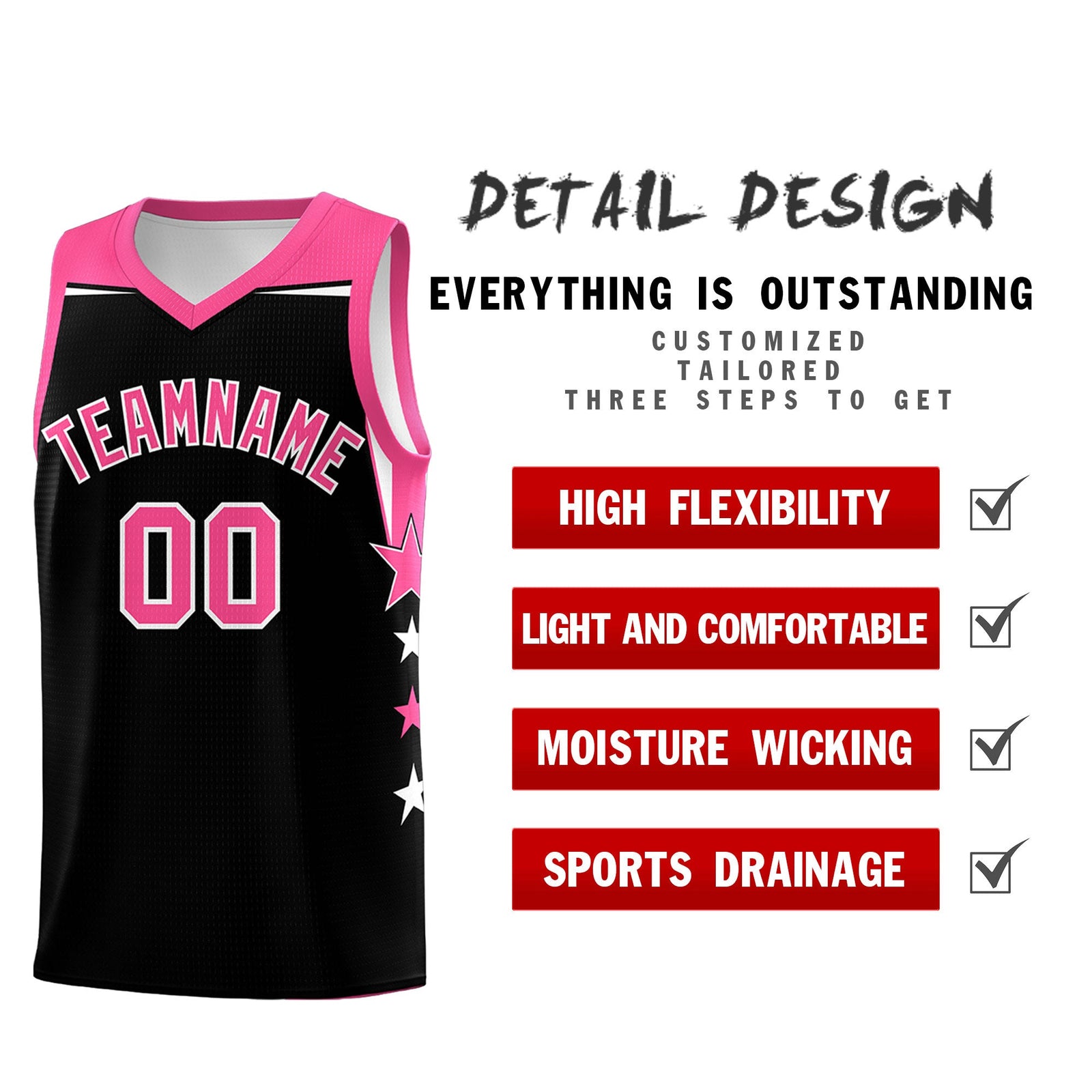 Custom Youth Basketball Uniform Black Pink Two Tone Side Star Personalized Team Jersey