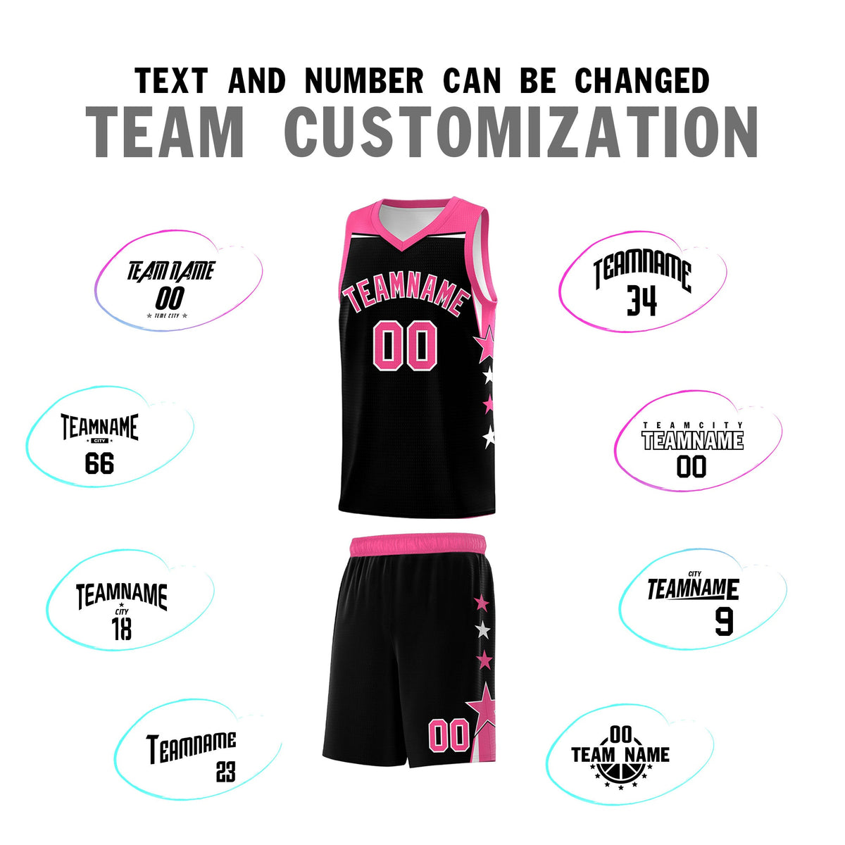 Custom Youth Basketball Uniform Black Pink Two Tone Side Star Personalized Team Jersey