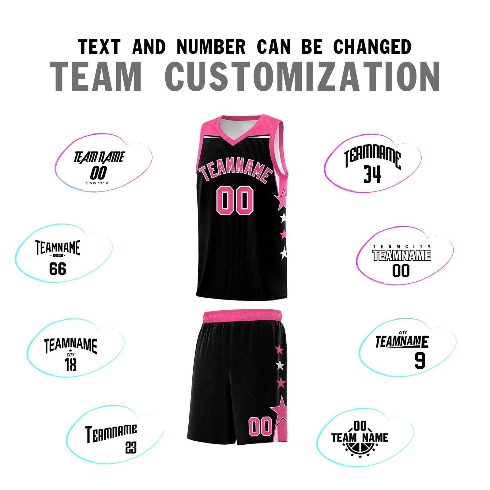 Custom Youth Basketball Uniform Black Pink Two Tone Side Star Personalized Team Jersey