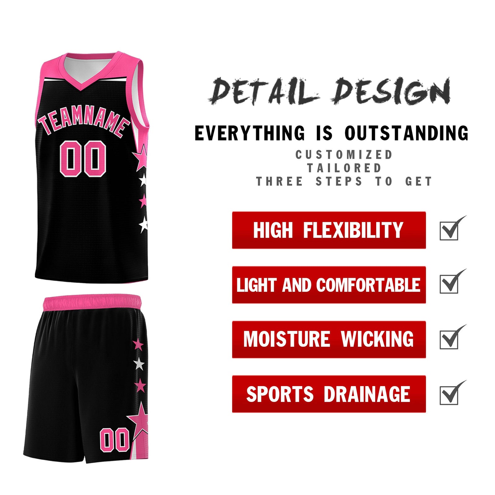 Custom Youth Basketball Uniform Black Pink Two Tone Side Star Personalized Team Jersey