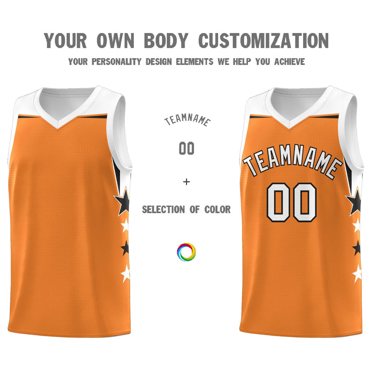Custom Youth Basketball Uniform Gold Orange White Two Tone Side Star Add Name Number &amp; Logo