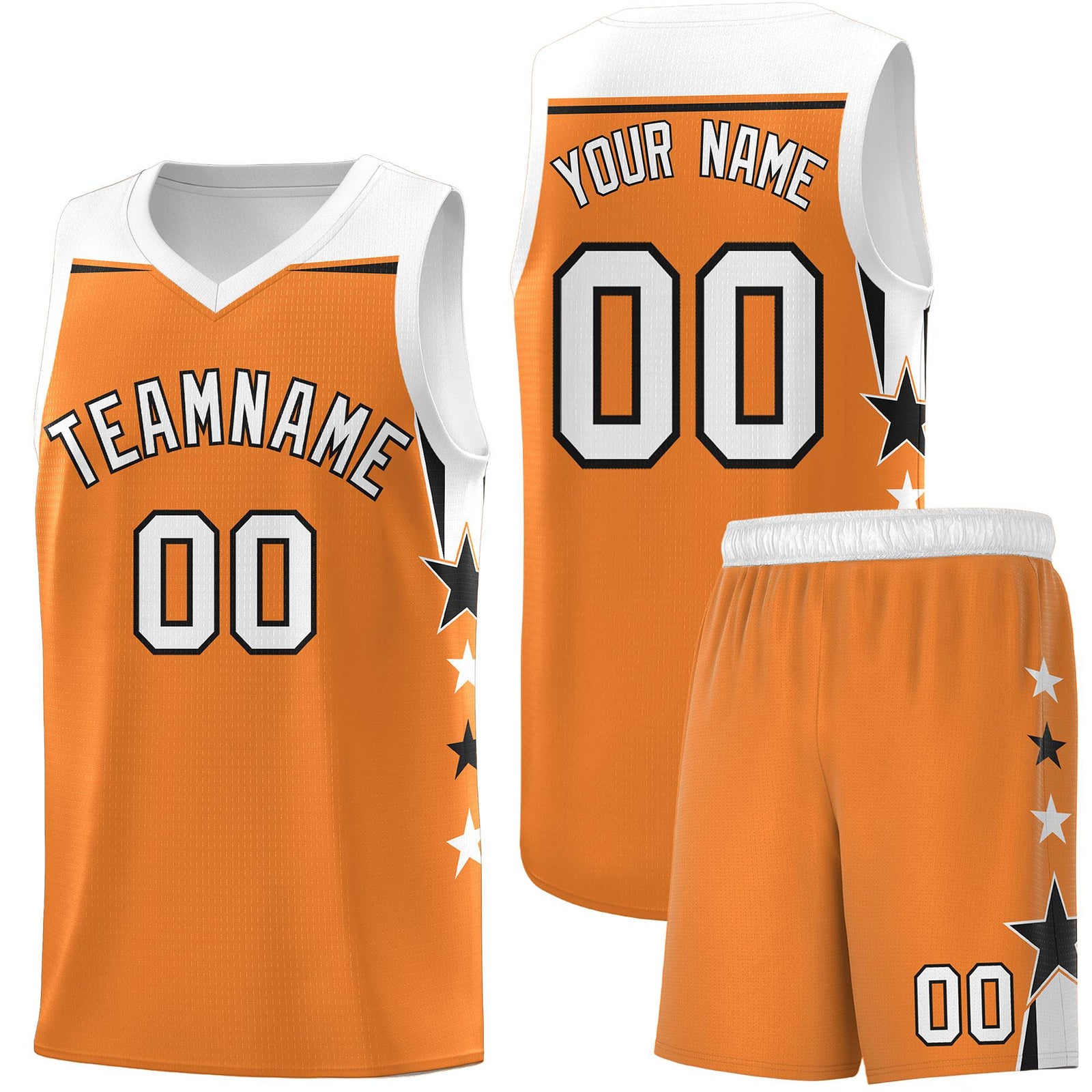 Custom Youth Basketball Uniform Gold Orange White Two Tone Side Star Add Name Number & Logo