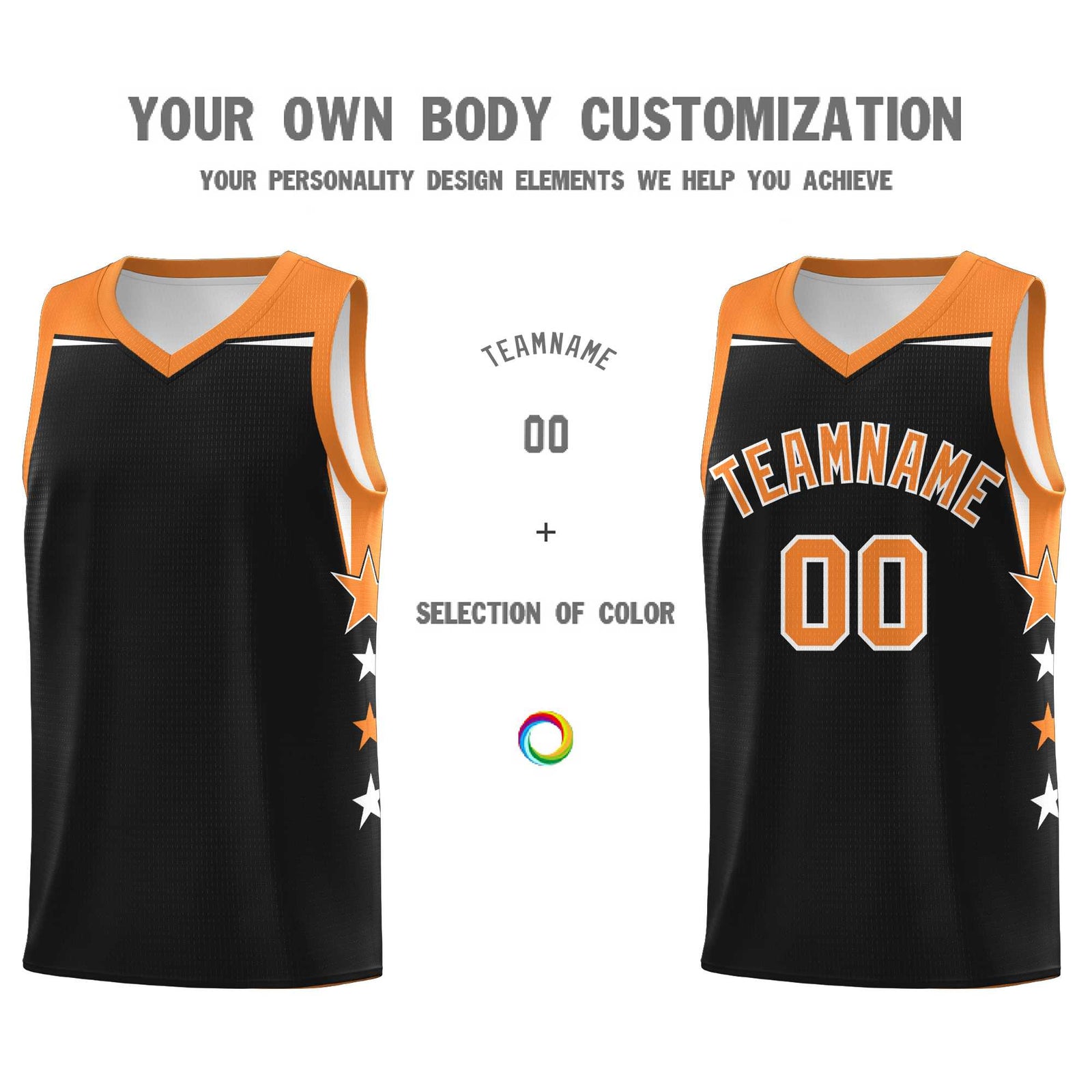 Custom Youth Basketball Uniform Black Gold Orange Two Tone Side Star Personalized Team Jersey