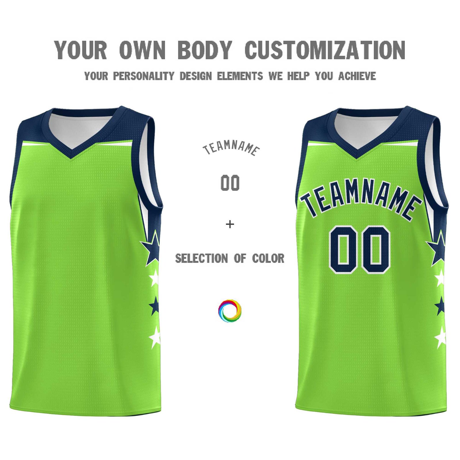 Custom Youth Basketball Uniform Fluorescent Green Navy Two Tone Side Star Personalized Team Jersey