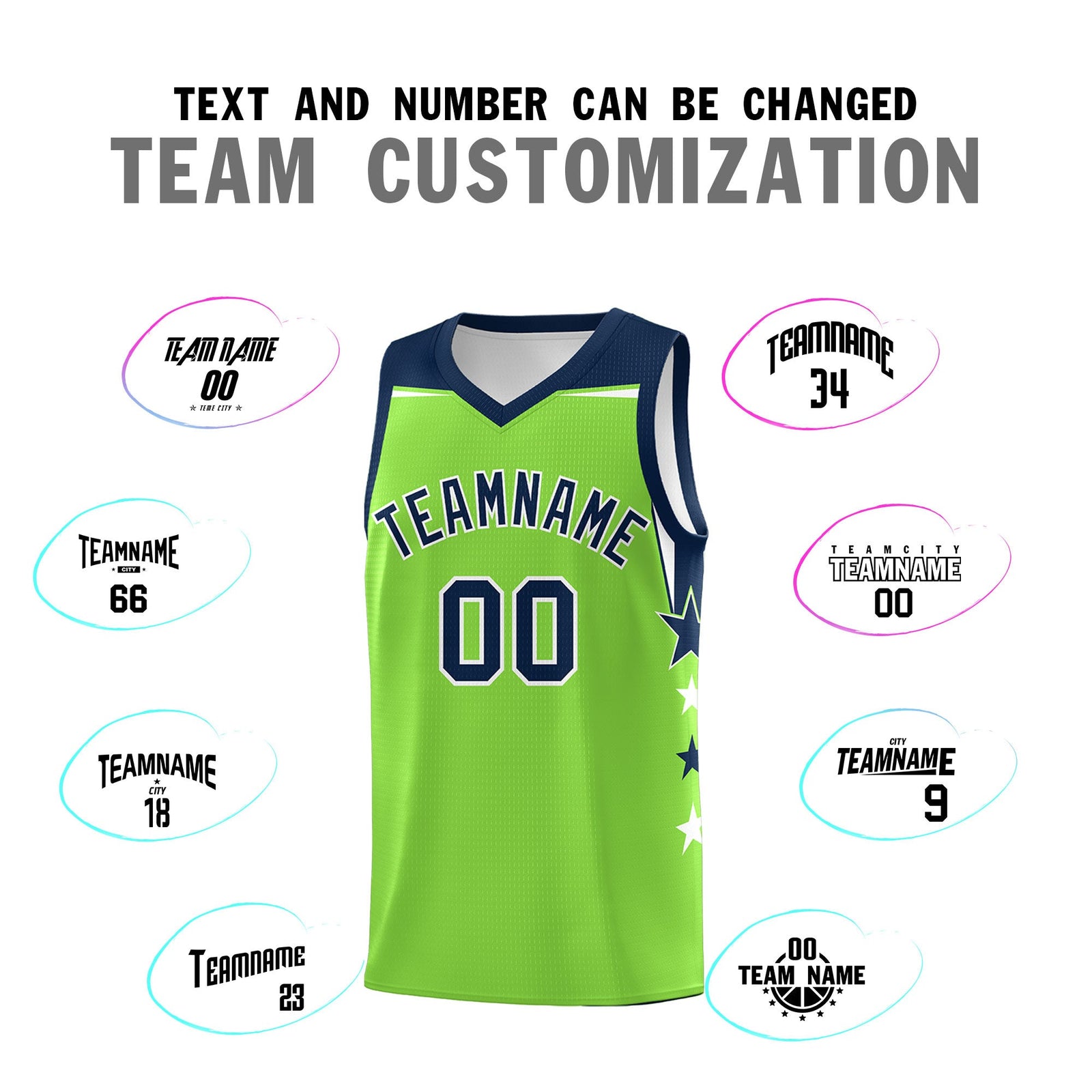 Custom Youth Basketball Uniform Fluorescent Green Navy Two Tone Side Star Personalized Team Jersey