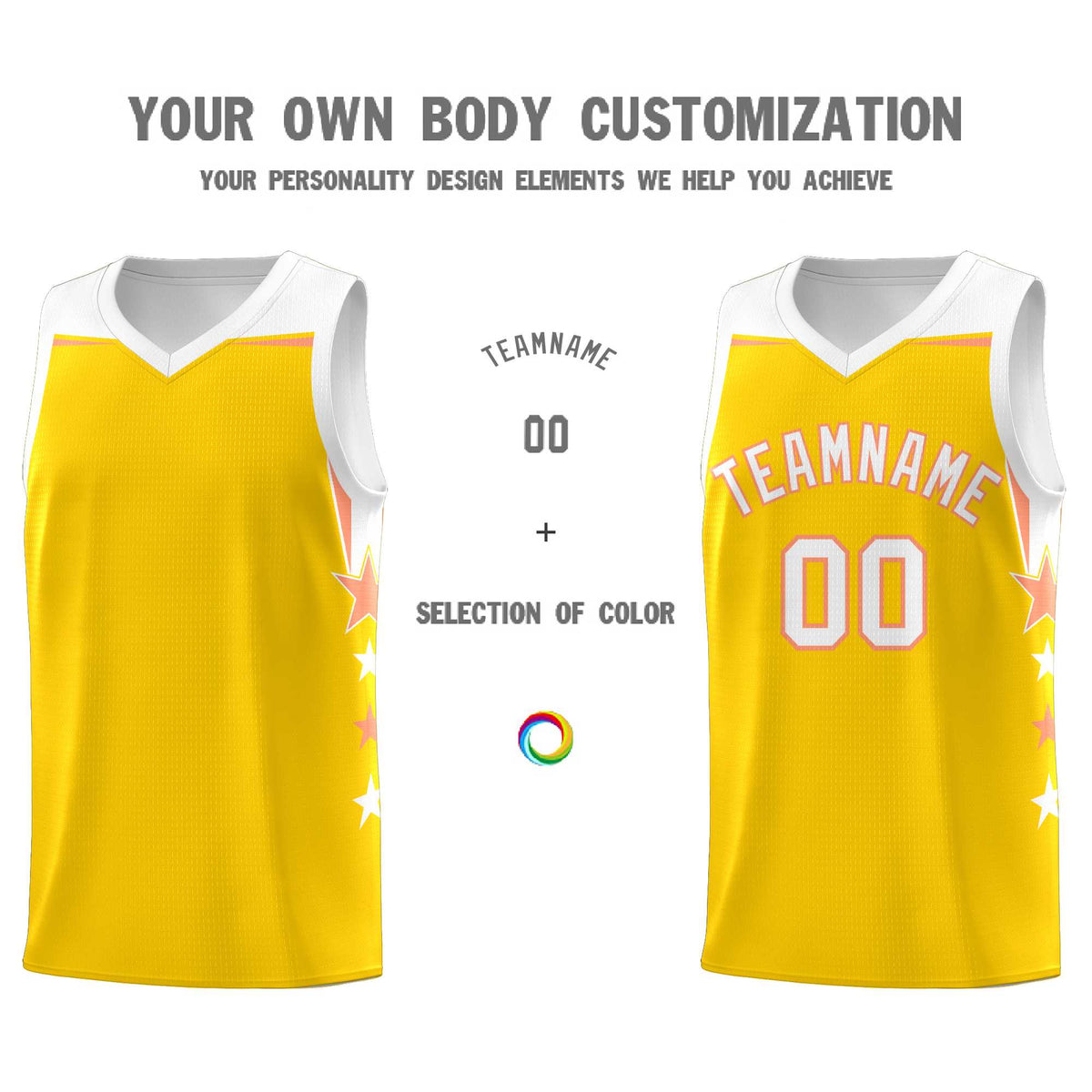Custom Youth Basketball Uniform Gold White Two Tone Side Star Color Block Team Jersey