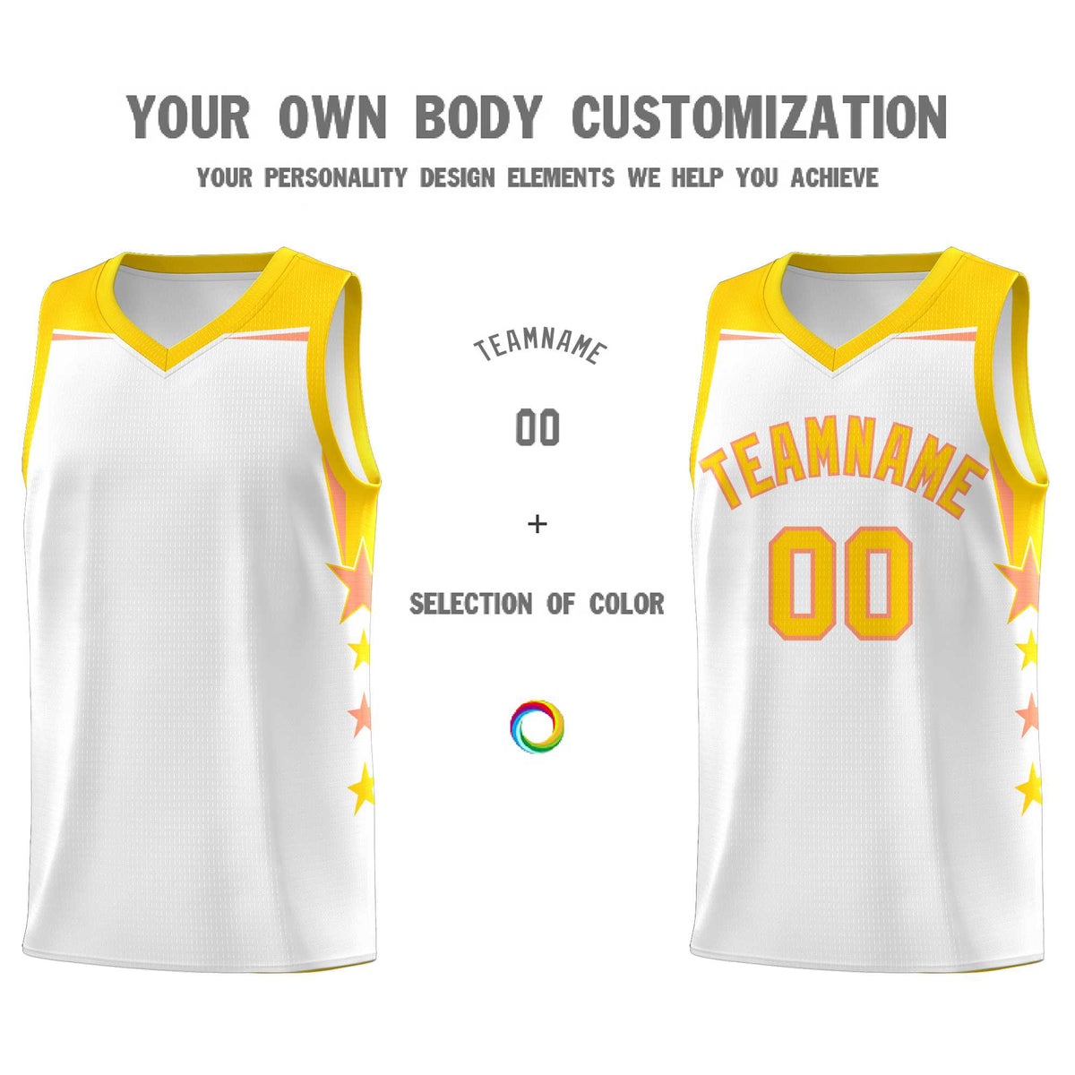 Custom Youth Basketball Uniform White Gold Two Tone Side Star Add Name Number &amp; Logo