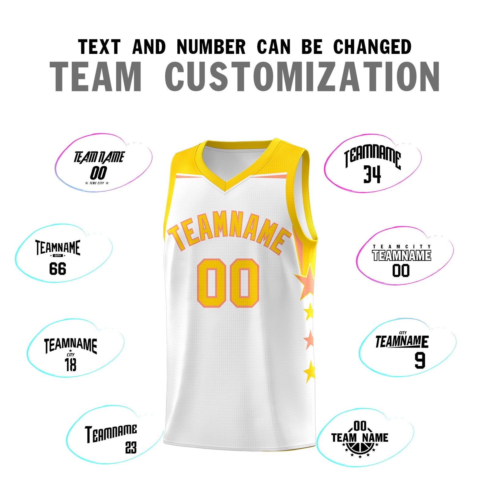 Custom Youth Basketball Uniform White Gold Two Tone Side Star Add Name Number & Logo