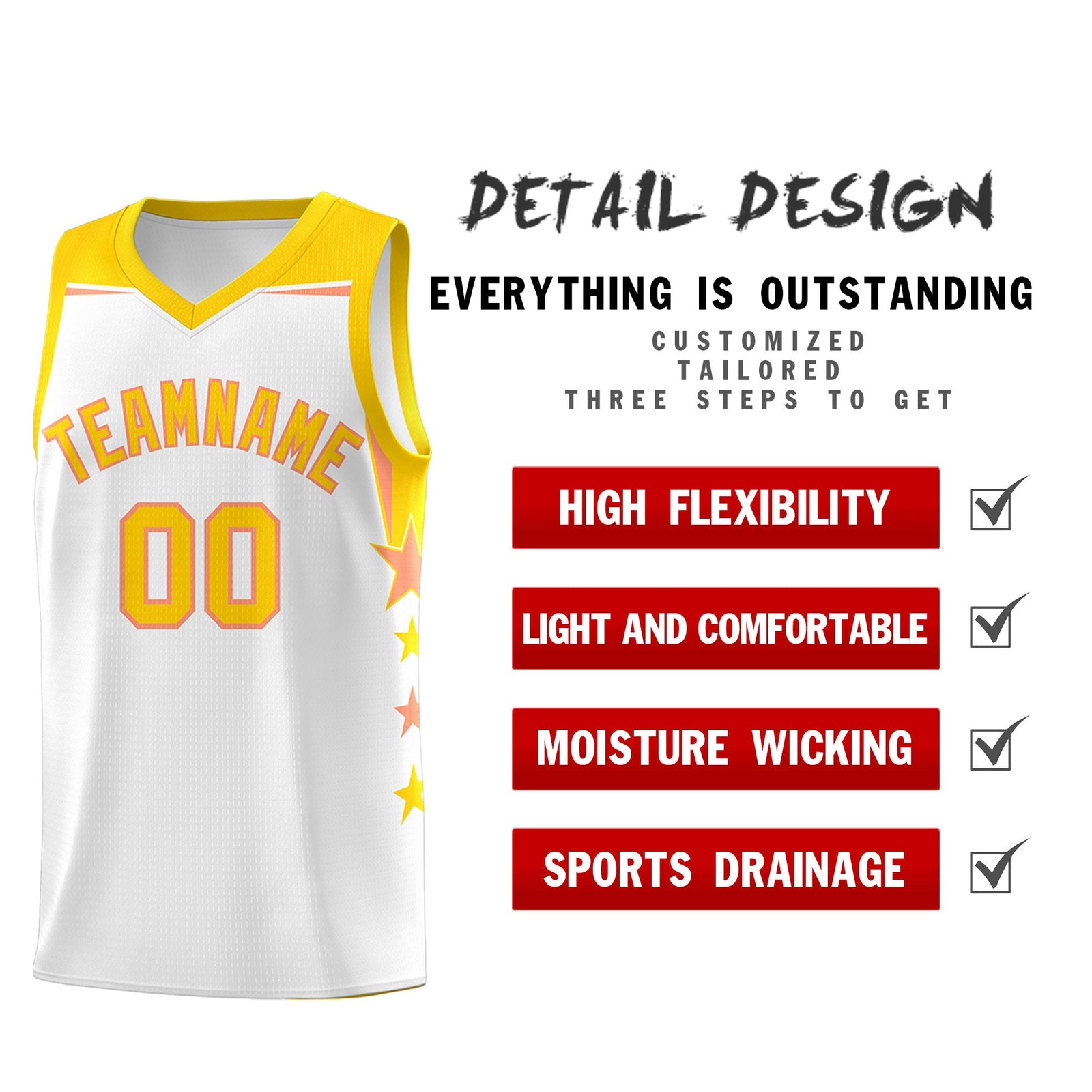Custom Youth Basketball Uniform White Gold Two Tone Side Star Add Name Number & Logo