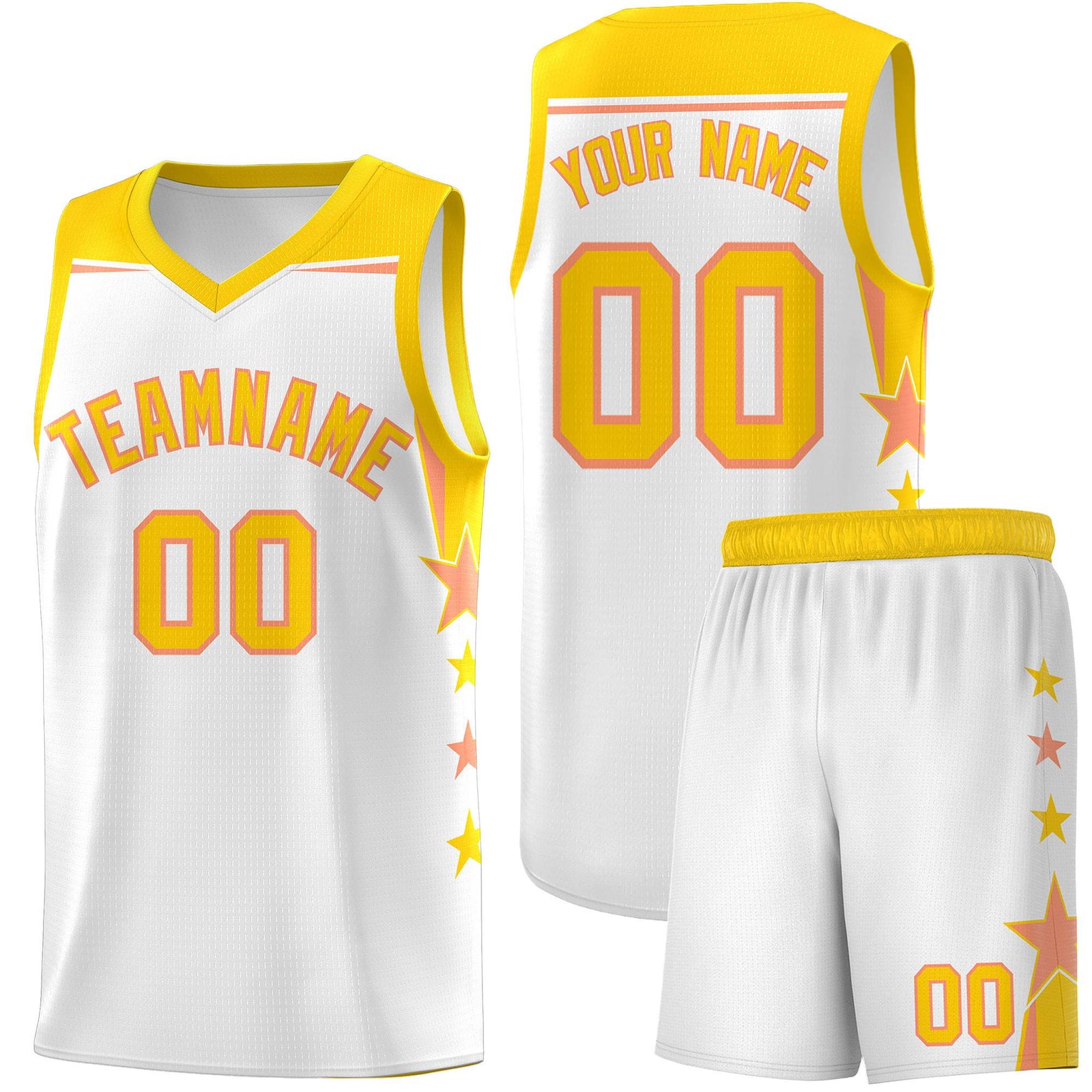 Custom Youth Basketball Uniform White Gold Two Tone Side Star Add Name Number & Logo