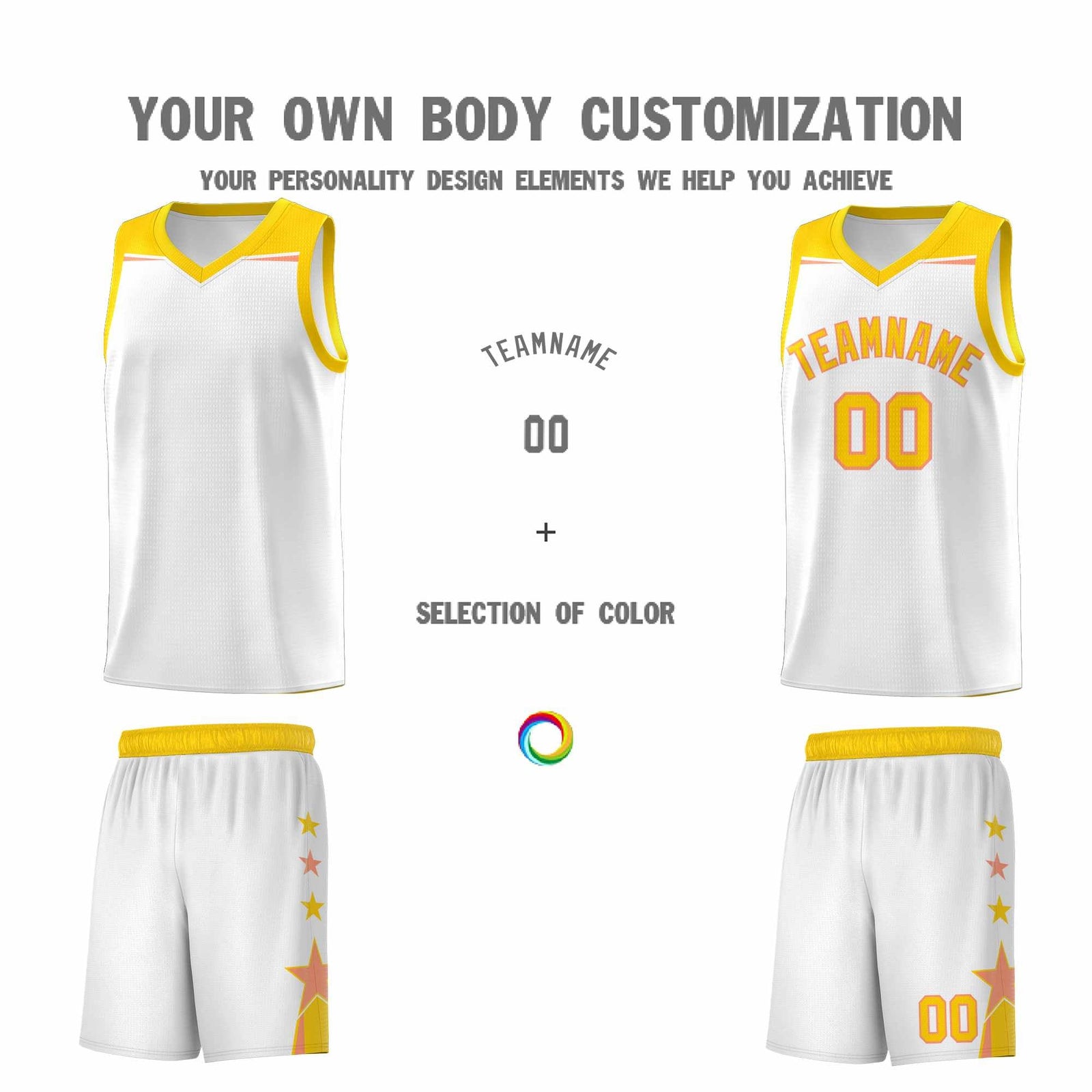 Custom Youth Basketball Uniform White Gold Two Tone Side Star Add Name Number & Logo