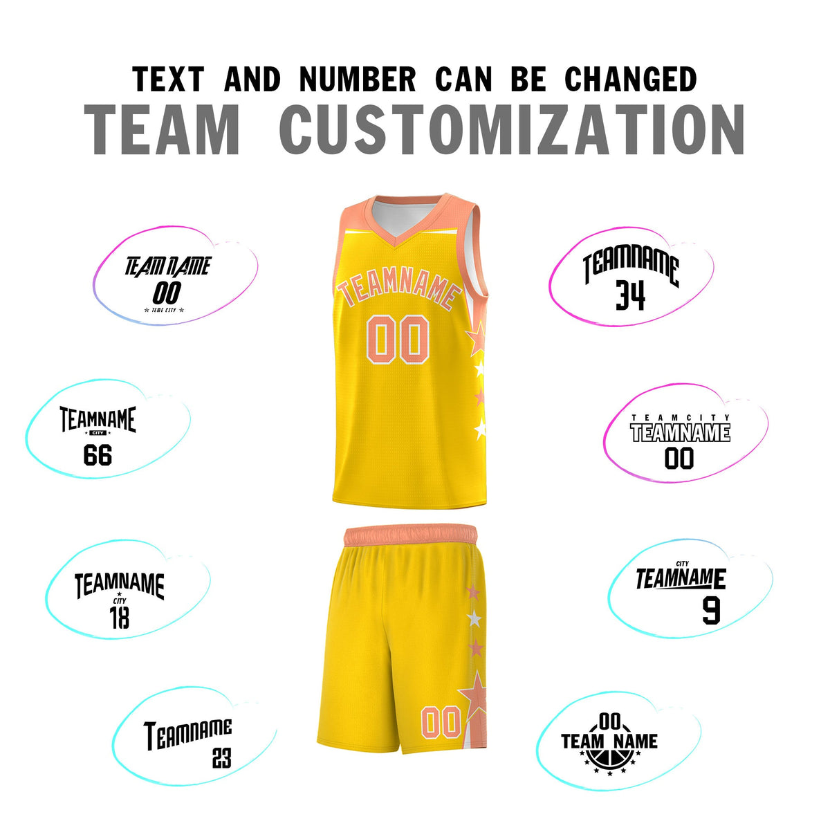Custom Youth Basketball Uniform Gold Light Orange Two Tone Side Star Color Block Team Jersey