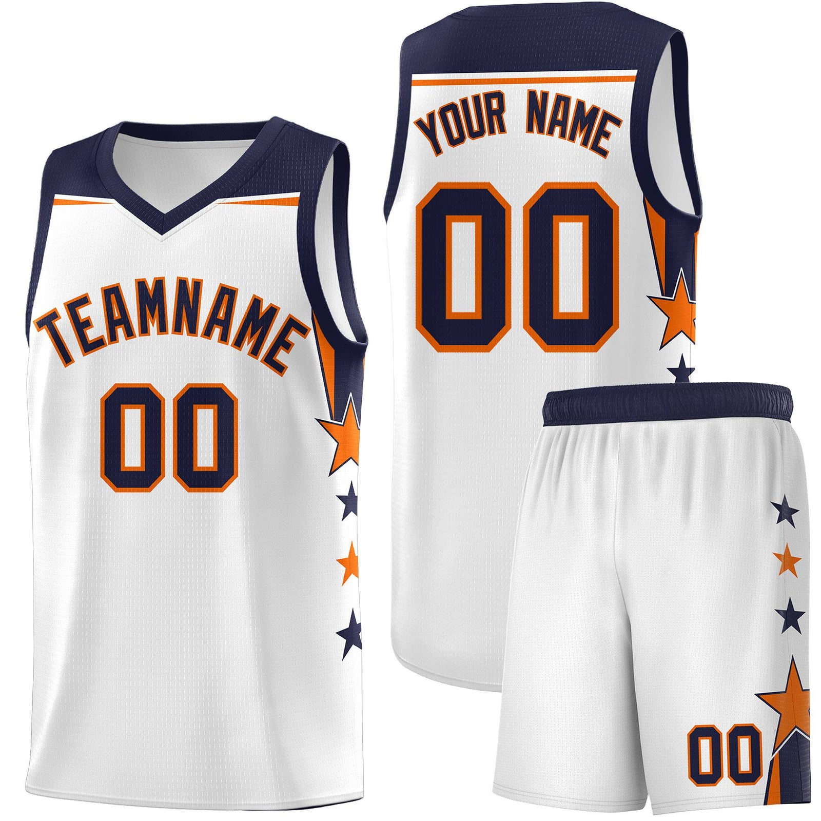 Custom Youth Basketball Uniform White Navy Two Tone Side Star Add Name Number & Logo