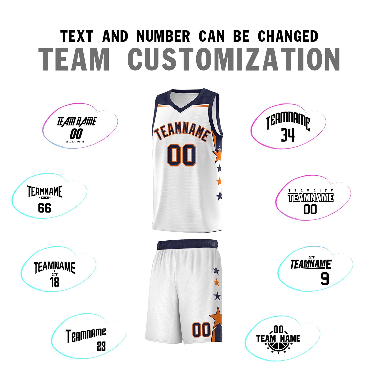 Custom Youth Basketball Uniform White Navy Two Tone Side Star Add Name Number & Logo