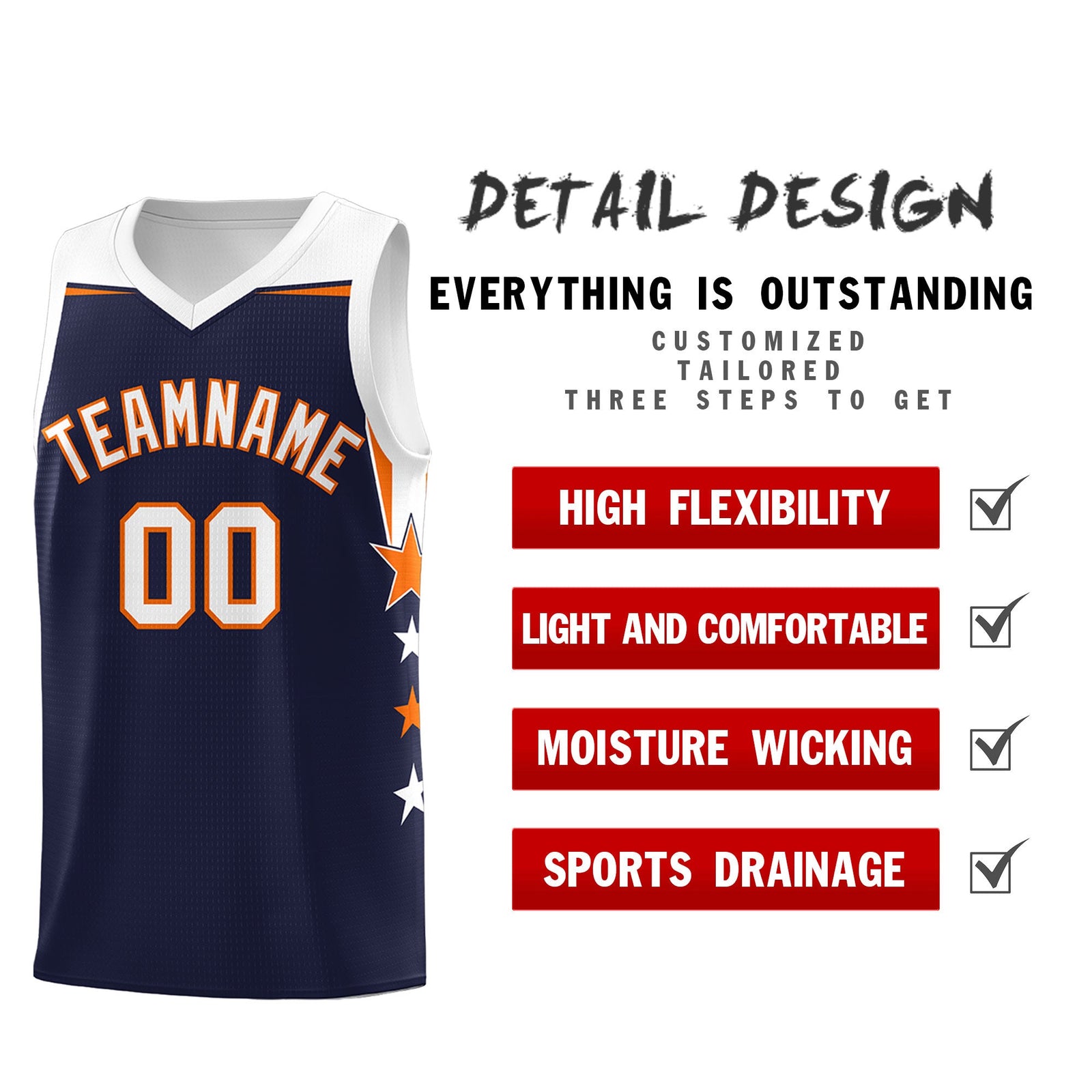 Custom Youth Basketball Uniform Navy White Two Tone Side Star Personalized Team Jersey