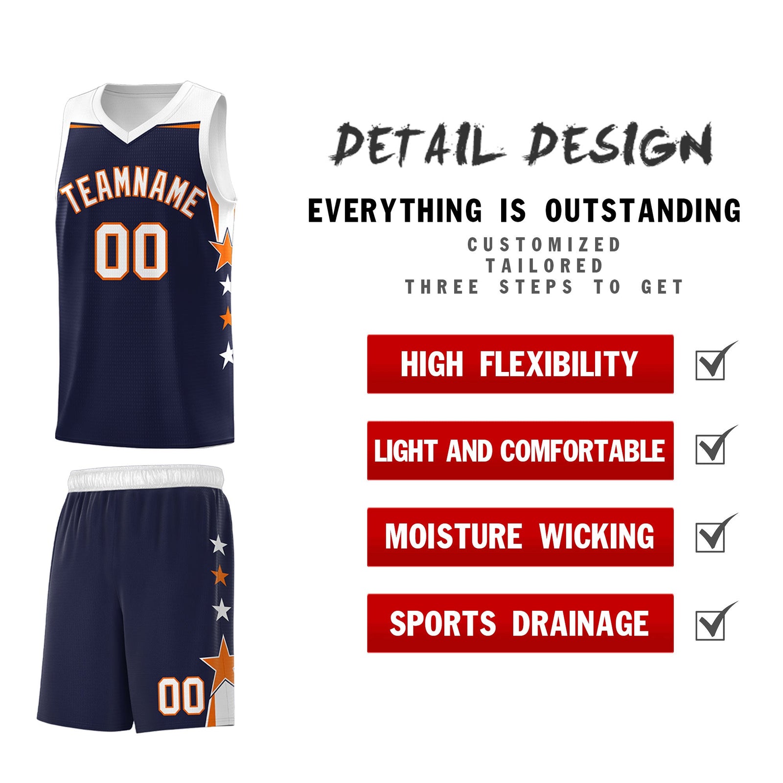Custom Youth Basketball Uniform Navy White Two Tone Side Star Personalized Team Jersey