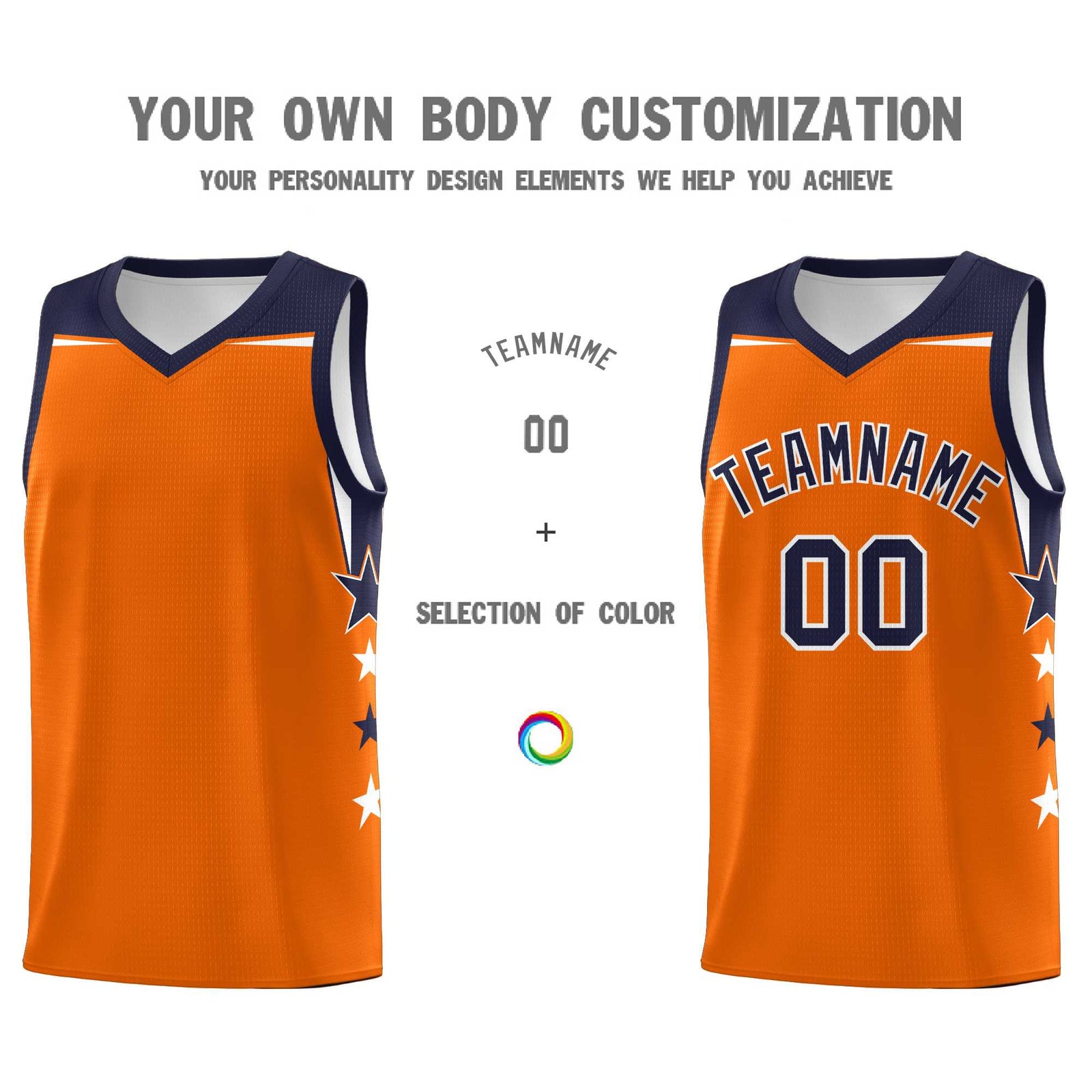Custom Youth Basketball Uniform Orange Navy Two Tone Side Star Color Block Team Jersey