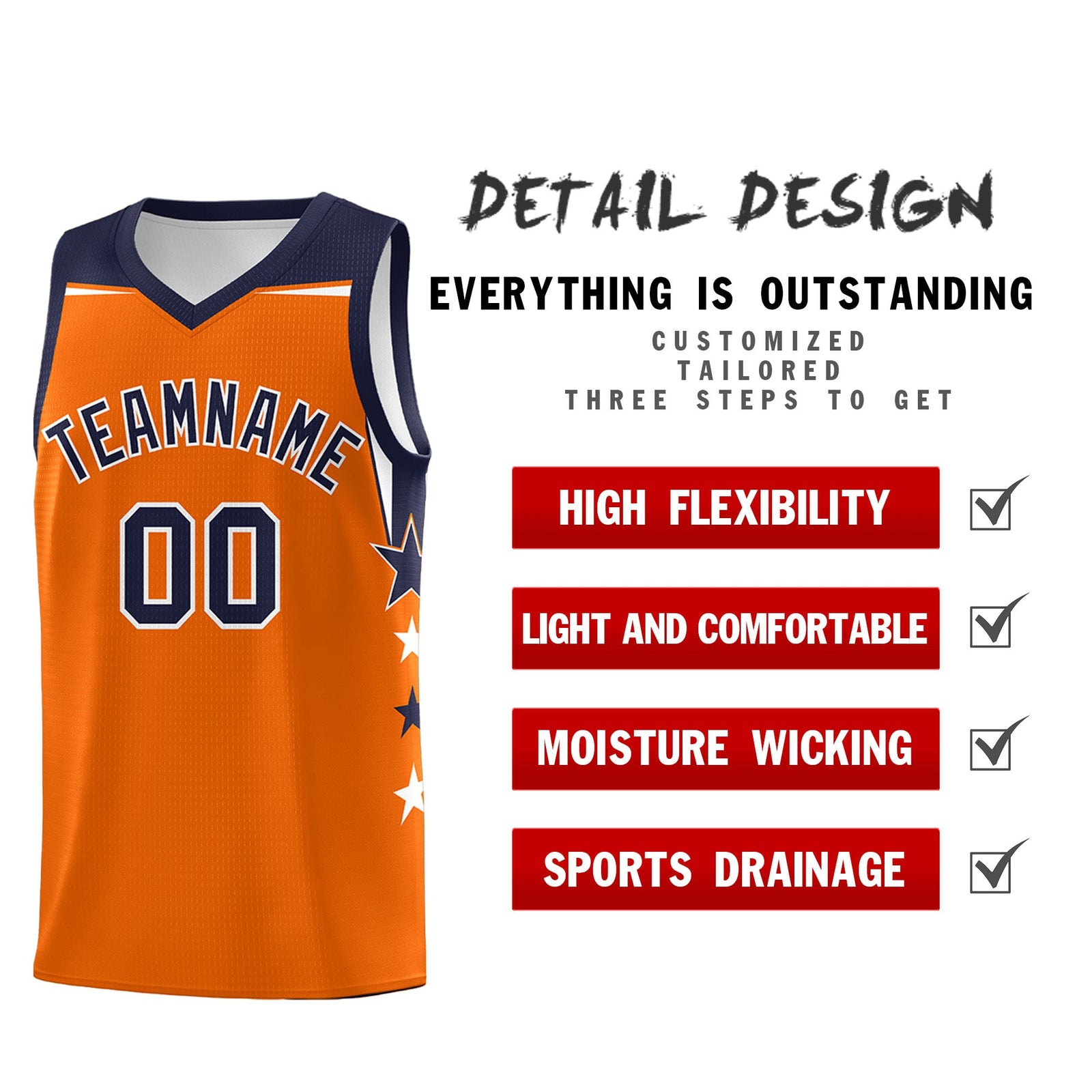 Custom Youth Basketball Uniform Orange Navy Two Tone Side Star Color Block Team Jersey