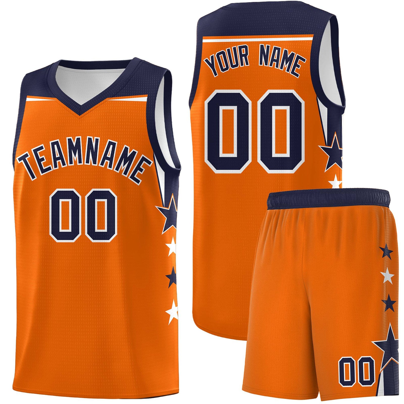 Custom Youth Basketball Uniform Orange Navy Two Tone Side Star Color Block Team Jersey
