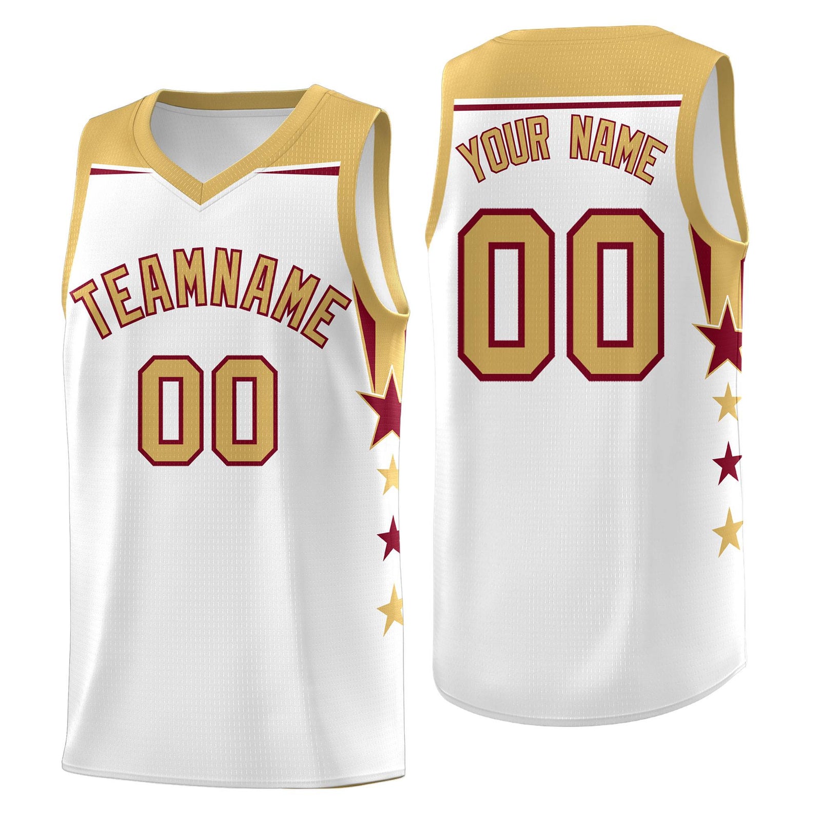 Custom Youth Basketball Uniform White Old Gold Two Tone Side Star Add Name Number & Logo