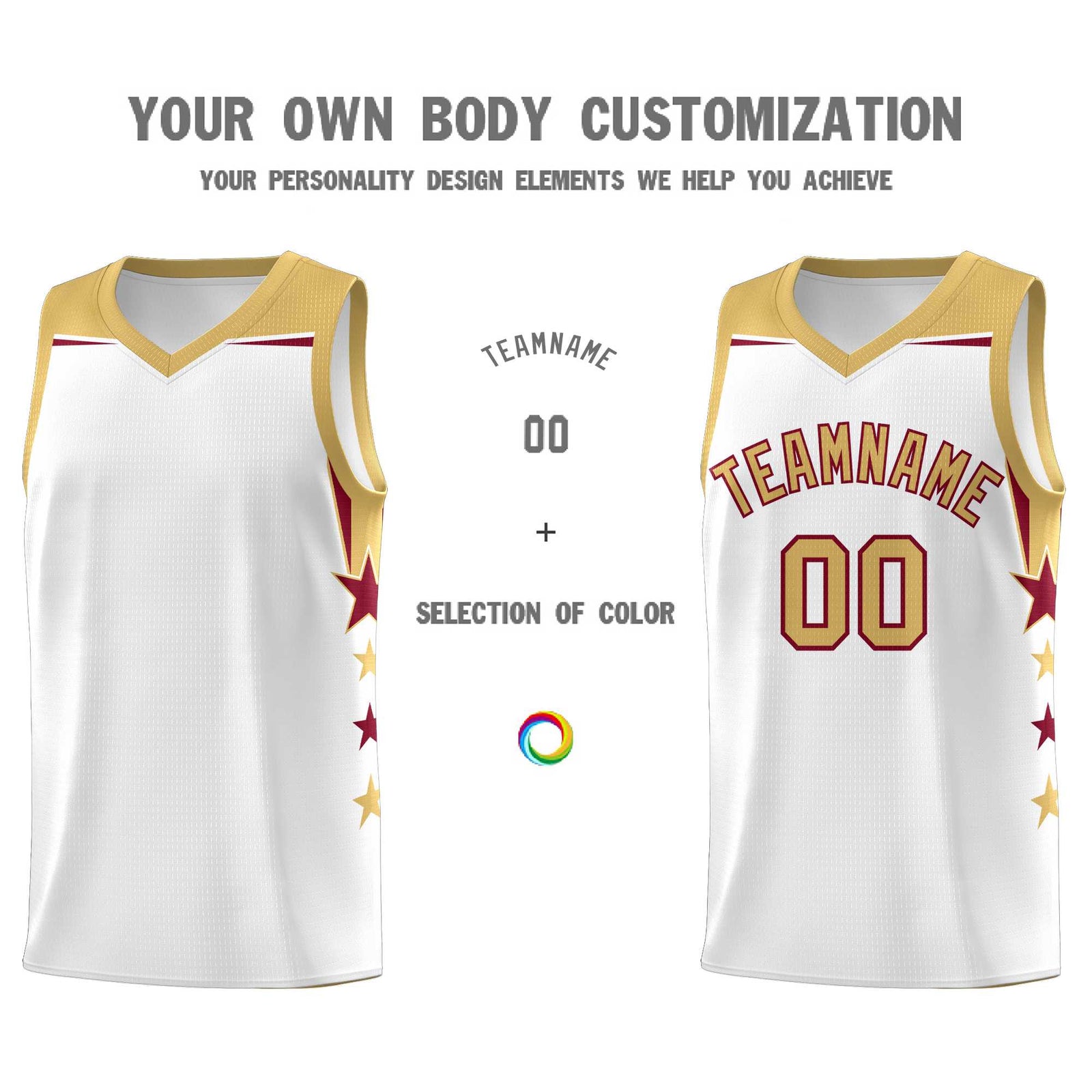 Custom Youth Basketball Uniform White Old Gold Two Tone Side Star Add Name Number & Logo