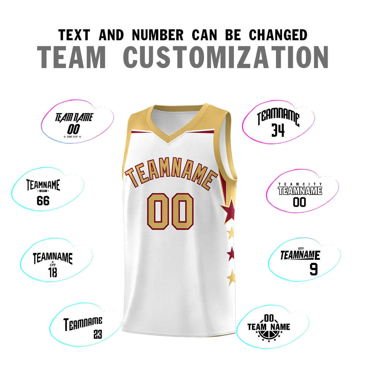 Custom Youth Basketball Uniform White Old Gold Two Tone Side Star Add Name Number &amp; Logo