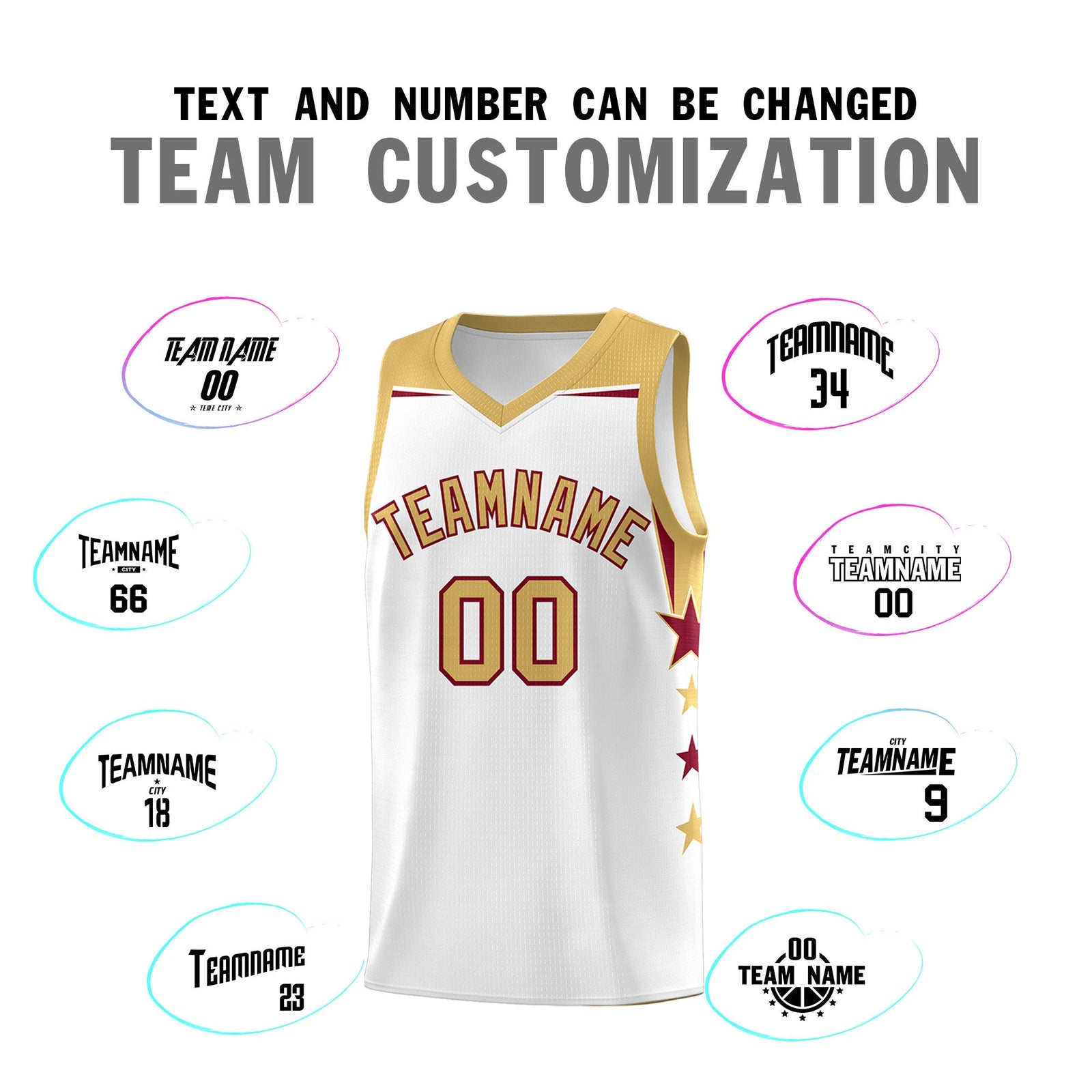 Custom Youth Basketball Uniform White Old Gold Two Tone Side Star Add Name Number & Logo