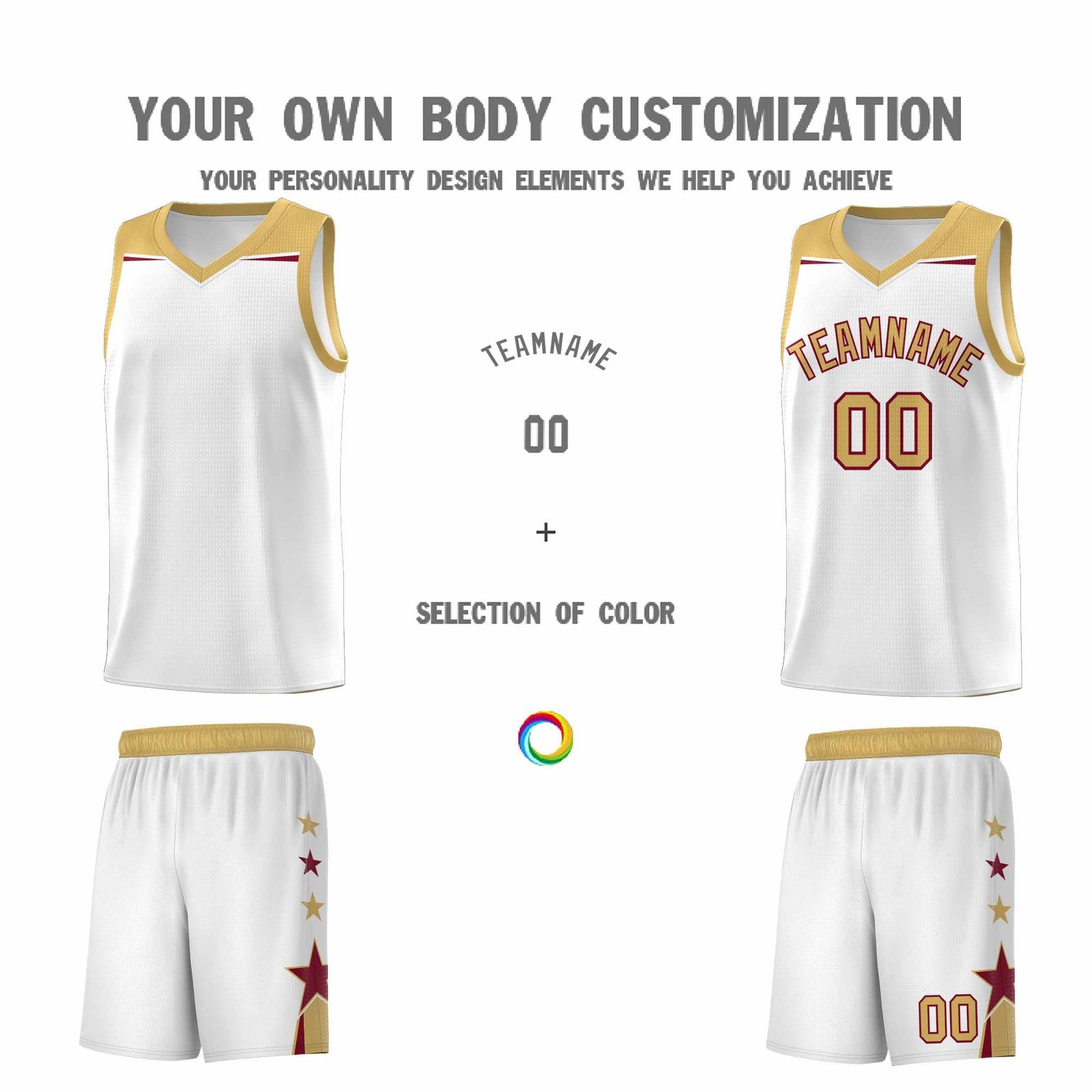 Custom Youth Basketball Uniform White Old Gold Two Tone Side Star Add Name Number & Logo