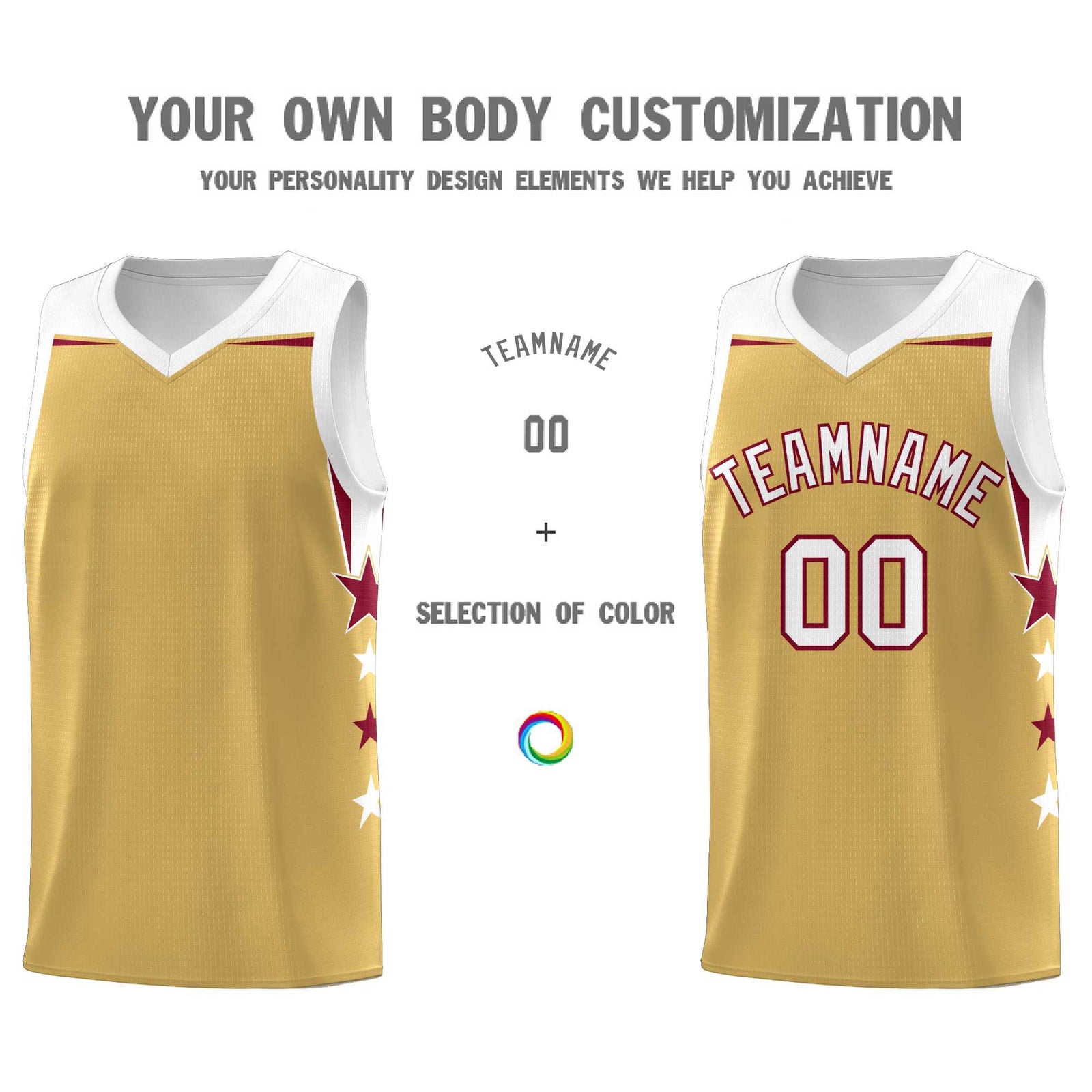 Custom Youth Basketball Uniform Old Gold White Two Tone Side Star Personalized Team Jersey