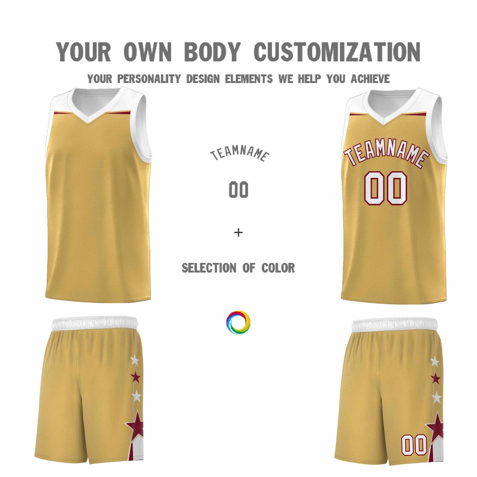 Custom Youth Basketball Uniform Old Gold White Two Tone Side Star Personalized Team Jersey