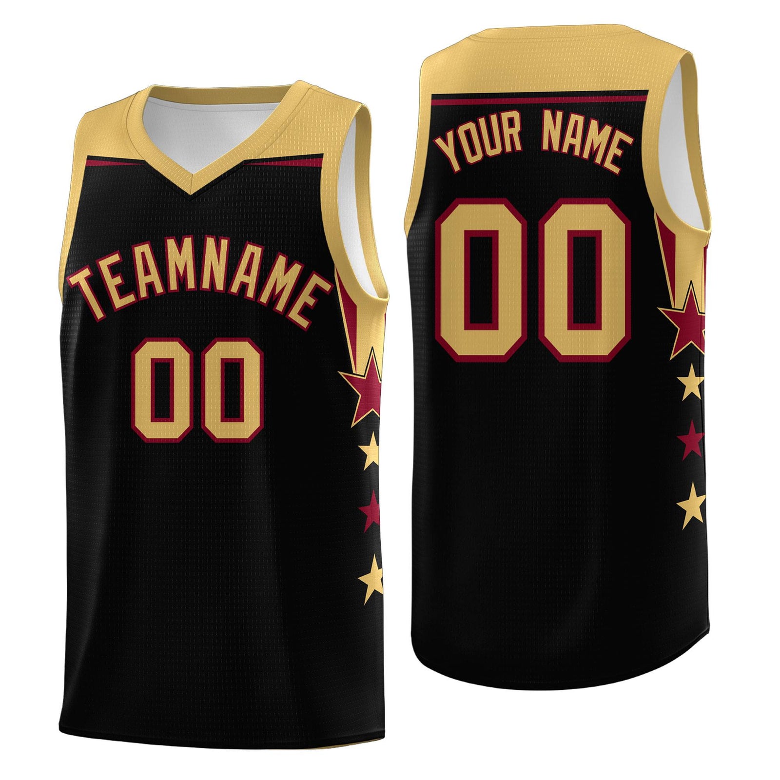 Custom Youth Basketball Uniform Black Old Gold Two Tone Side Star Add Name Number & Logo