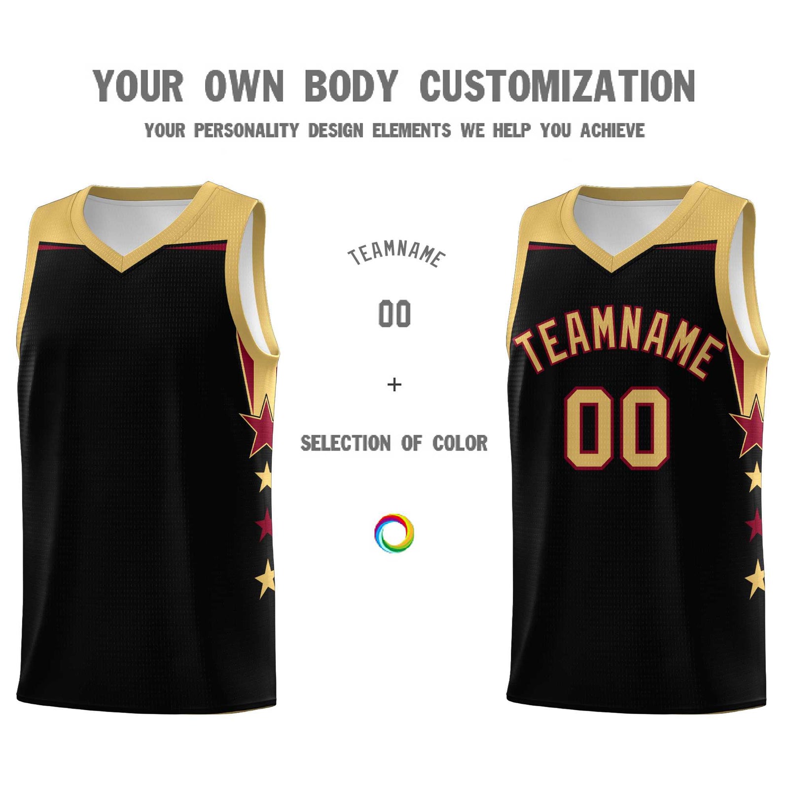 Custom Youth Basketball Uniform Black Old Gold Two Tone Side Star Add Name Number & Logo