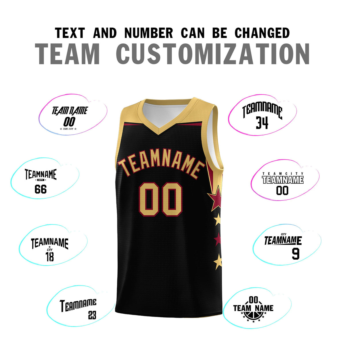 Custom Youth Basketball Uniform Black Old Gold Two Tone Side Star Add Name Number &amp; Logo