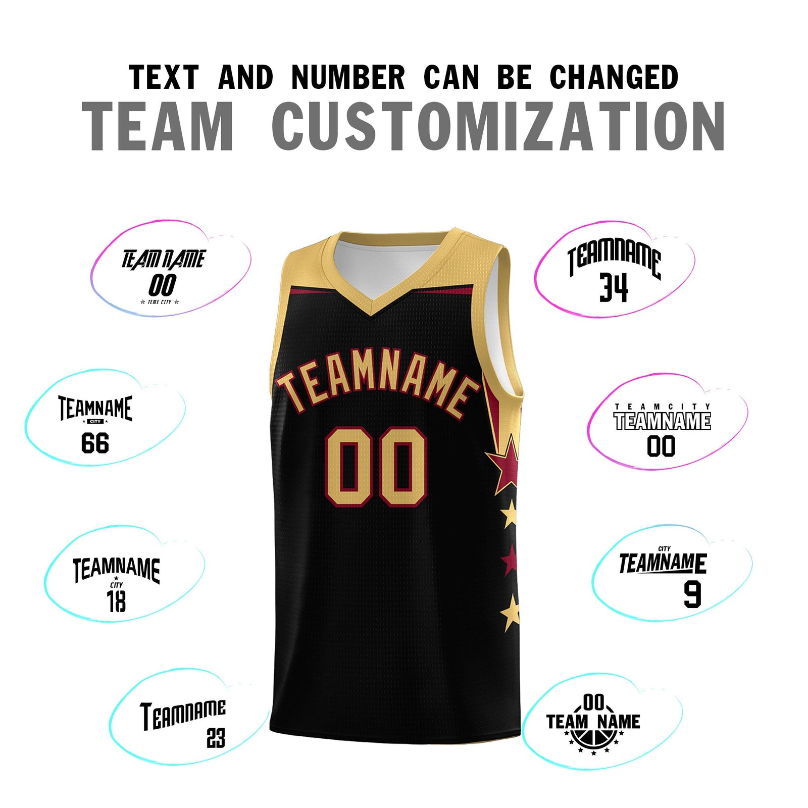 Custom Youth Basketball Uniform Black Old Gold Two Tone Side Star Add Name Number & Logo