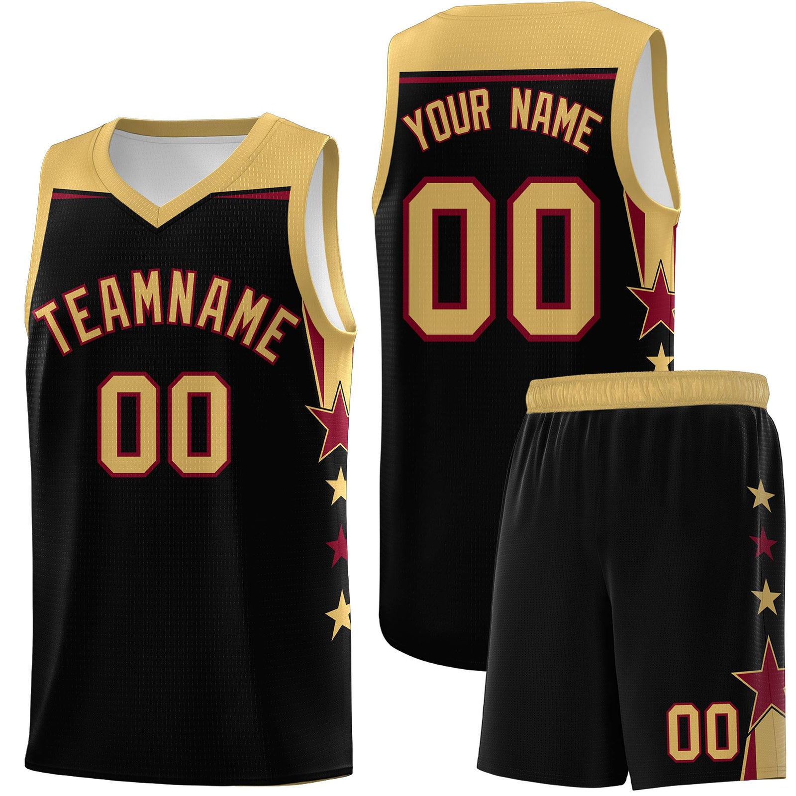 Custom Youth Basketball Uniform Black Old Gold Two Tone Side Star Add Name Number & Logo