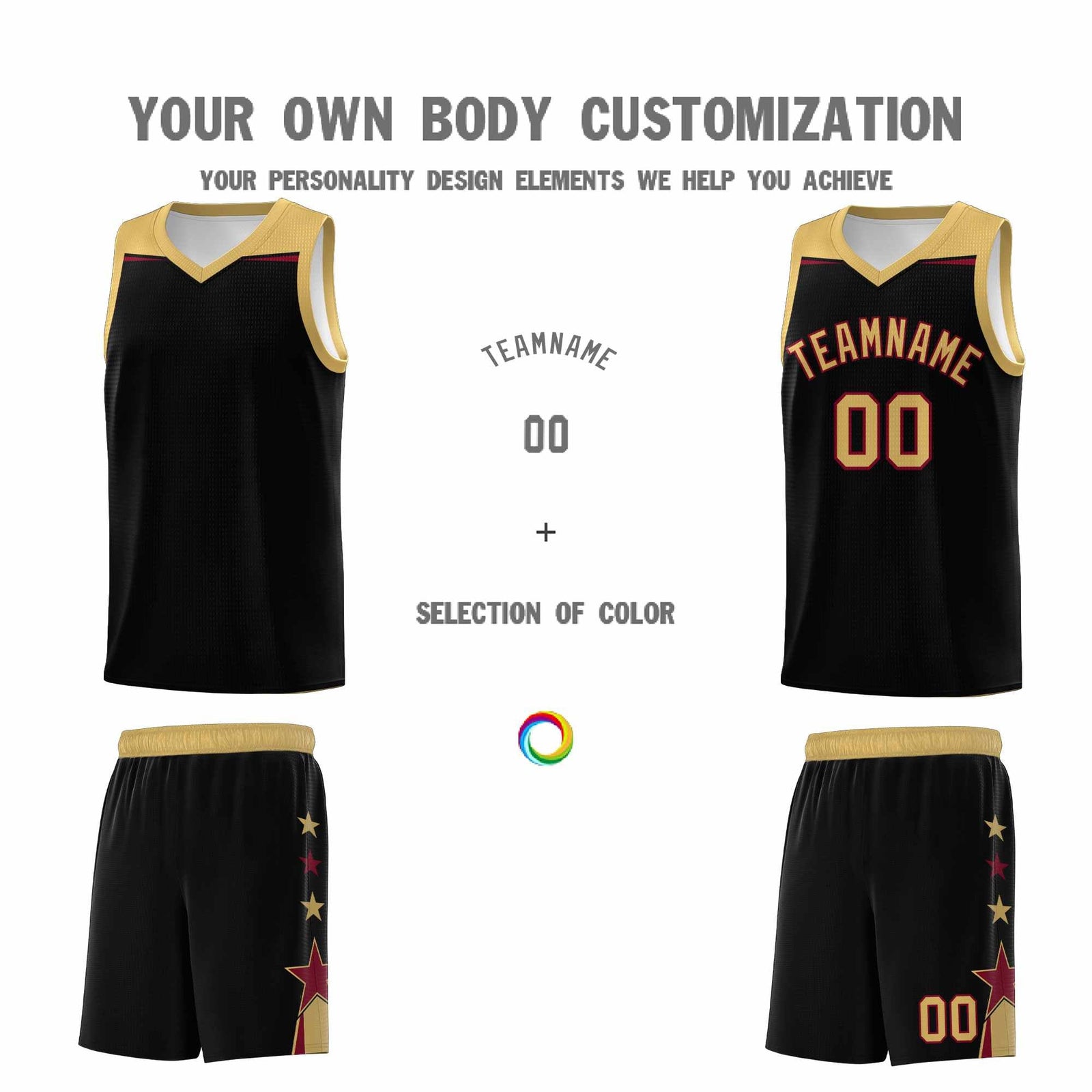 Custom Youth Basketball Uniform Black Old Gold Two Tone Side Star Add Name Number & Logo
