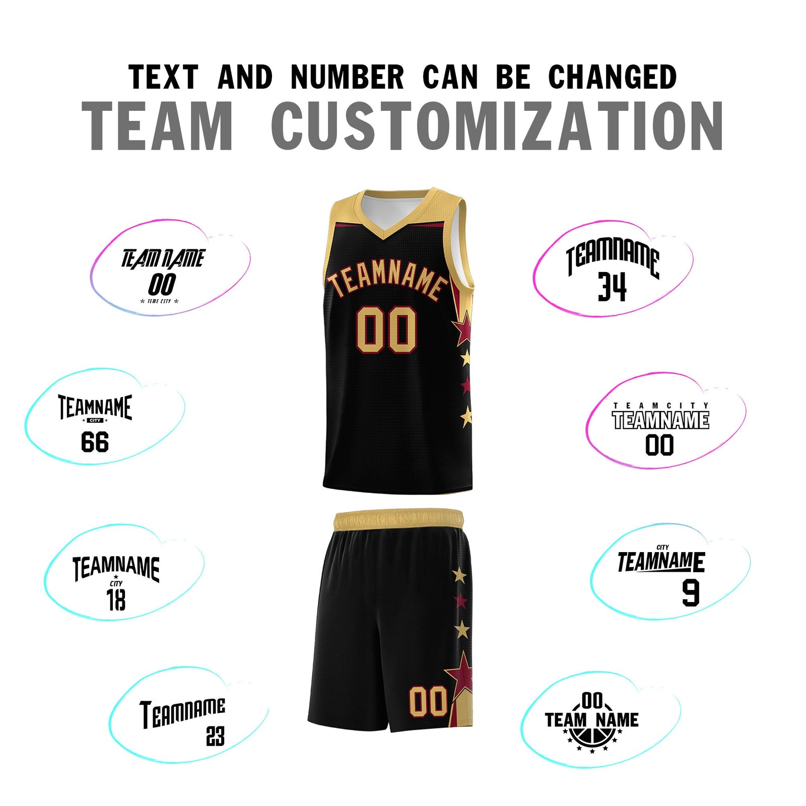 Custom Youth Basketball Uniform Black Old Gold Two Tone Side Star Add Name Number & Logo