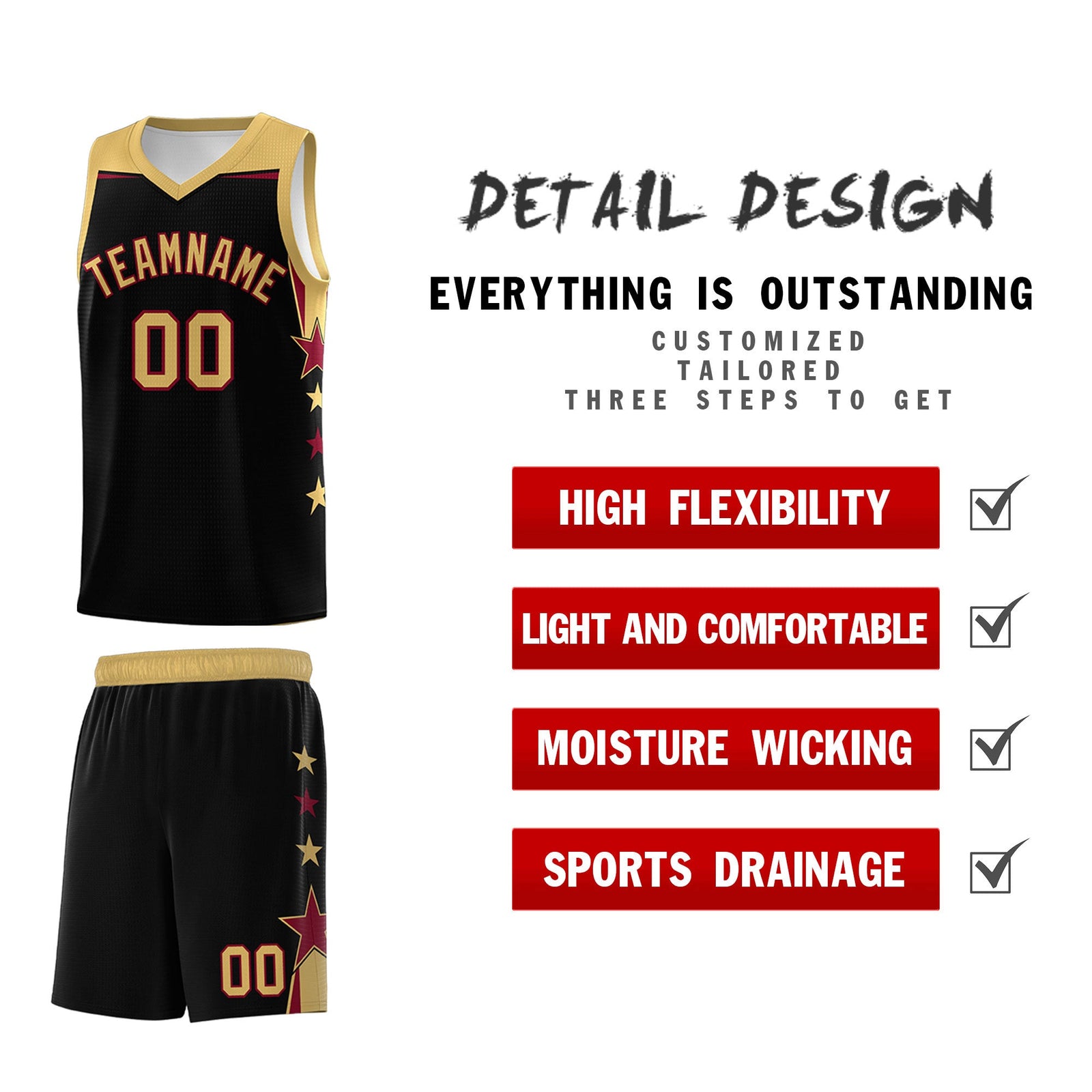 Custom Youth Basketball Uniform Black Old Gold Two Tone Side Star Add Name Number & Logo