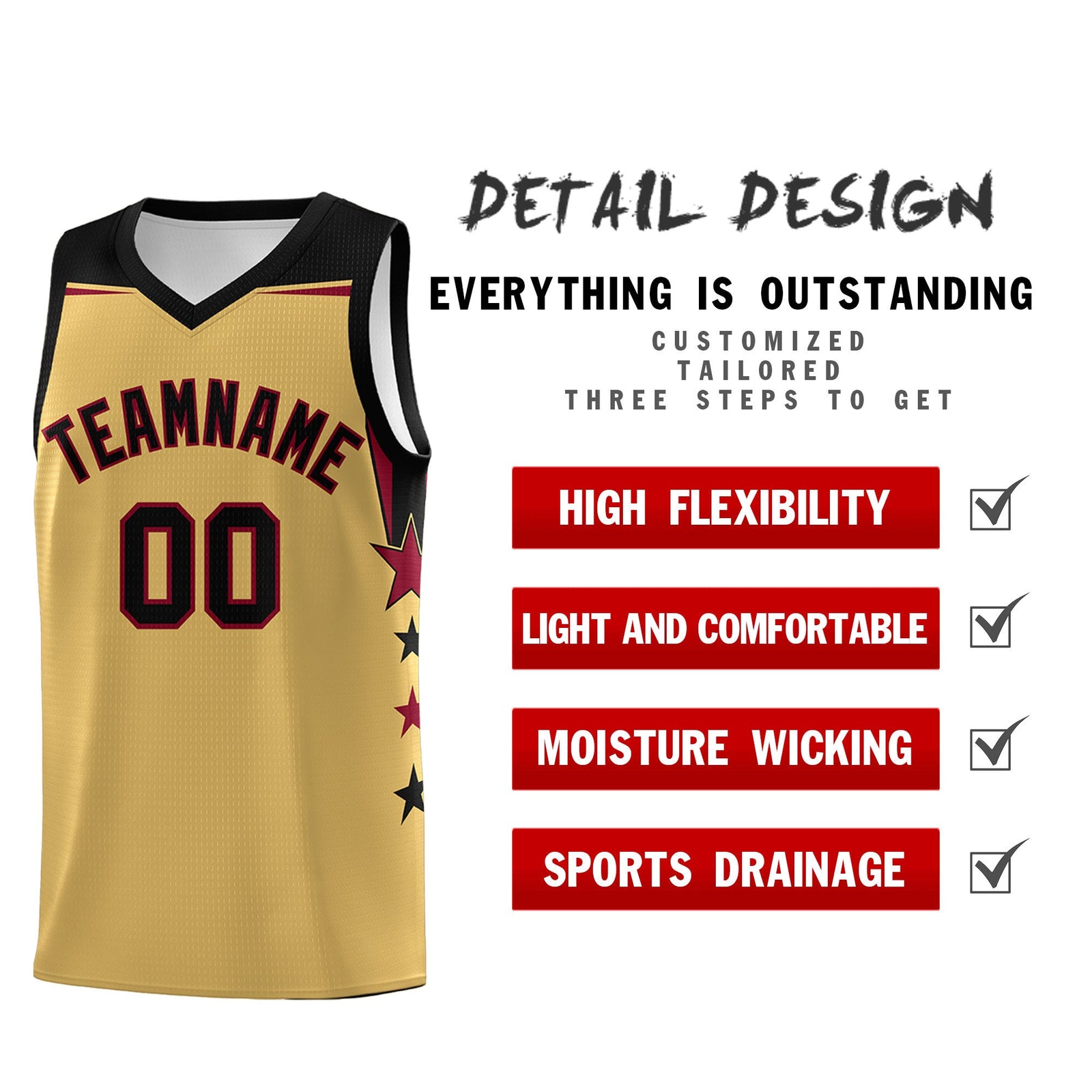 Custom Youth Basketball Uniform Old Gold Black Two Tone Side Star Personalized Team Jersey