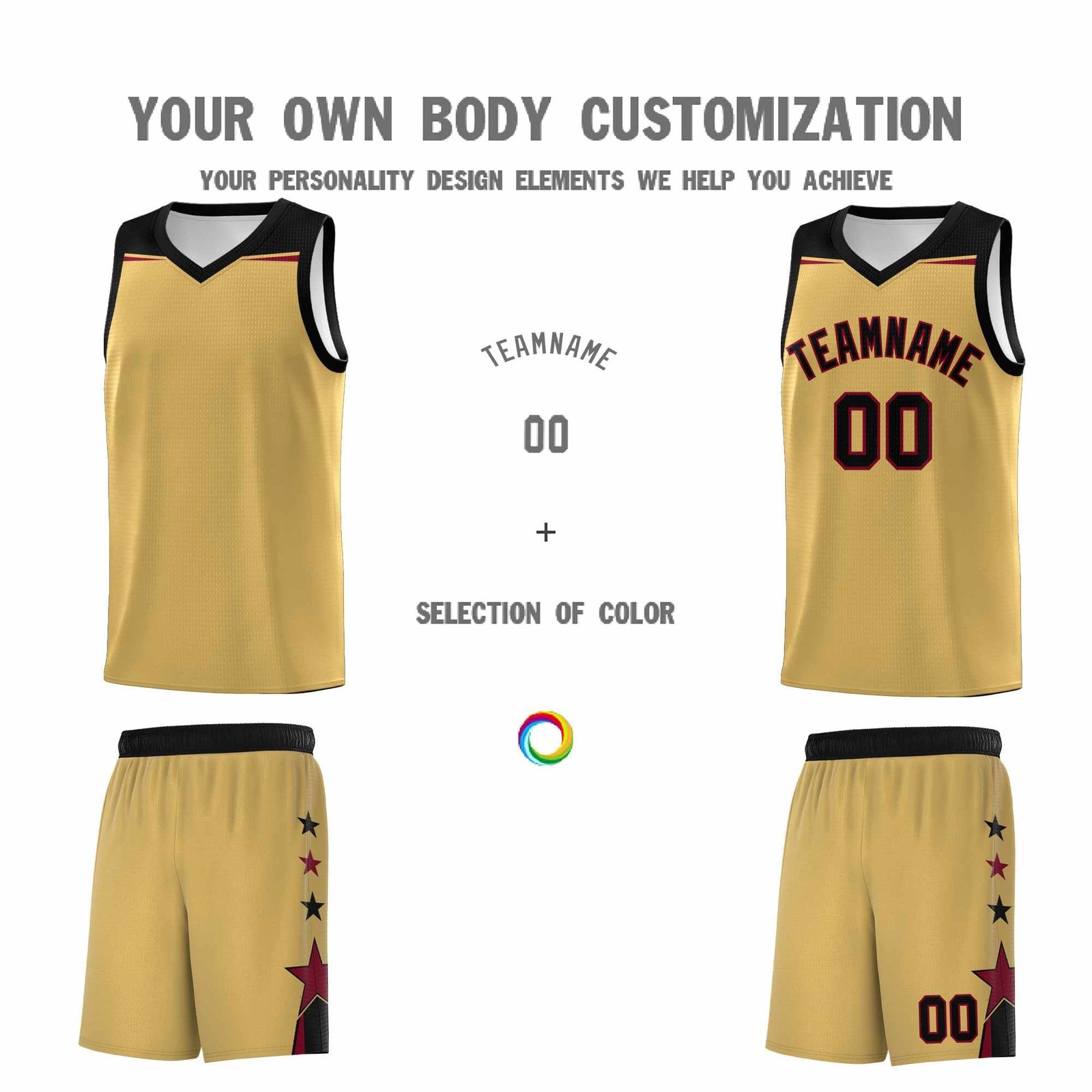 Custom Youth Basketball Uniform Old Gold Black Two Tone Side Star Personalized Team Jersey