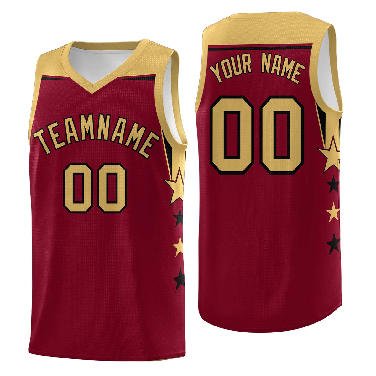 Custom Youth Basketball Uniform Crimson Old Gold Two Tone Side Star Color Block Team Jersey