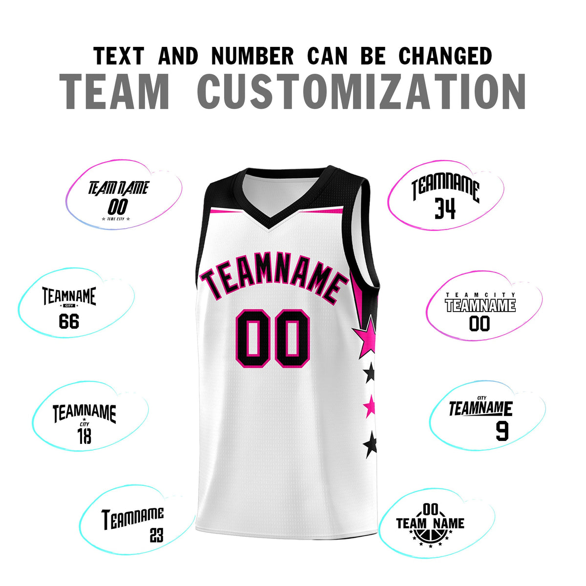 Custom Youth Basketball Uniform White Black Two Tone Side Star Add Name Number &amp; Logo