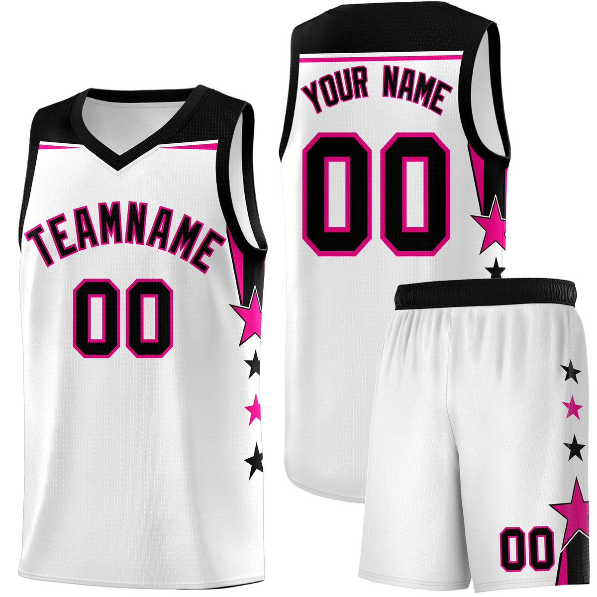 Custom Youth Basketball Uniform White Black Two Tone Side Star Add Name Number &amp; Logo