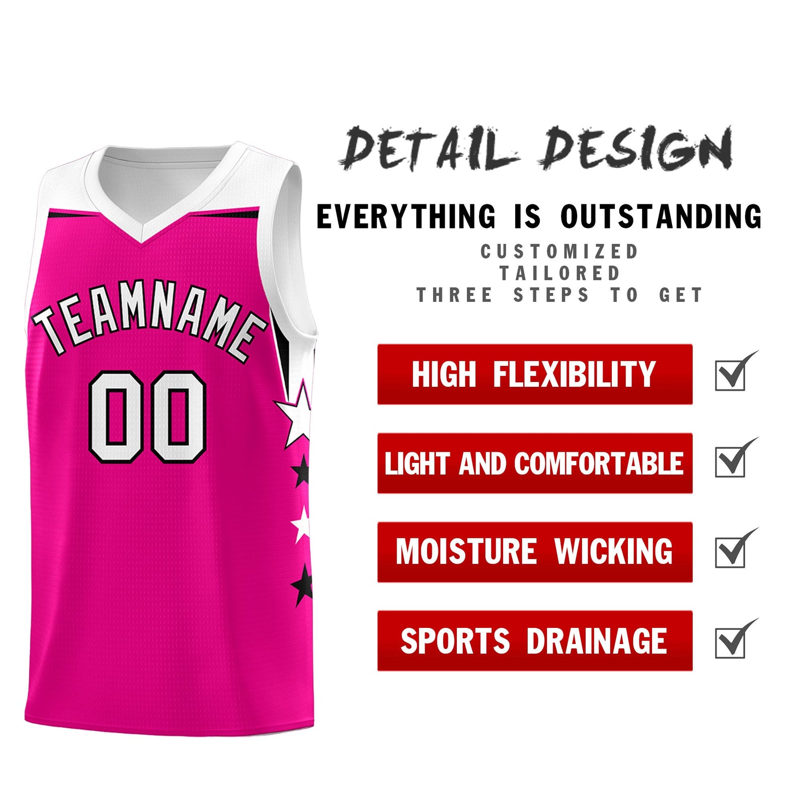 Custom Youth Basketball Uniform Pink White Two Tone Side Star Color Block Team Jersey