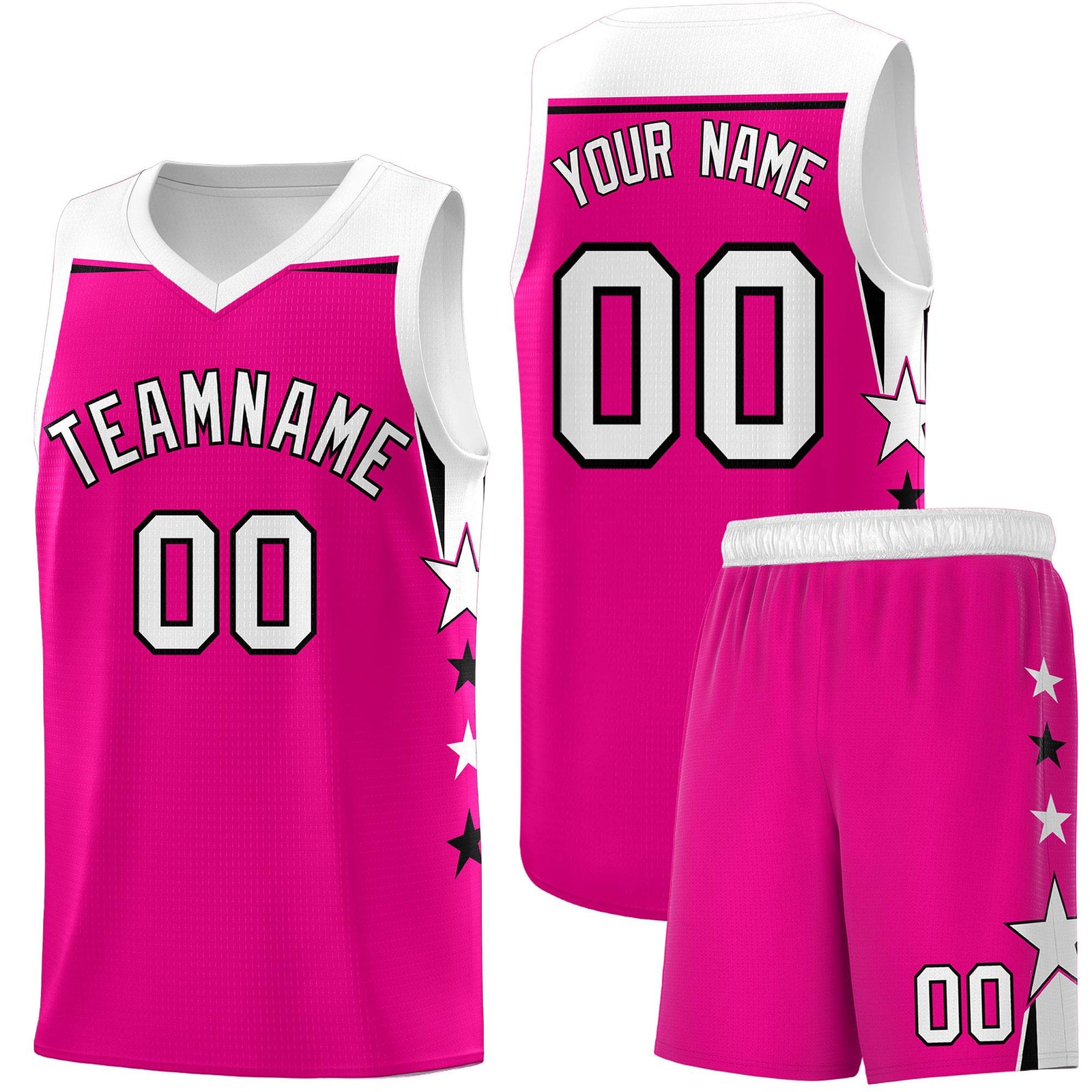 Custom Youth Basketball Uniform Pink White Two Tone Side Star Color Block Team Jersey