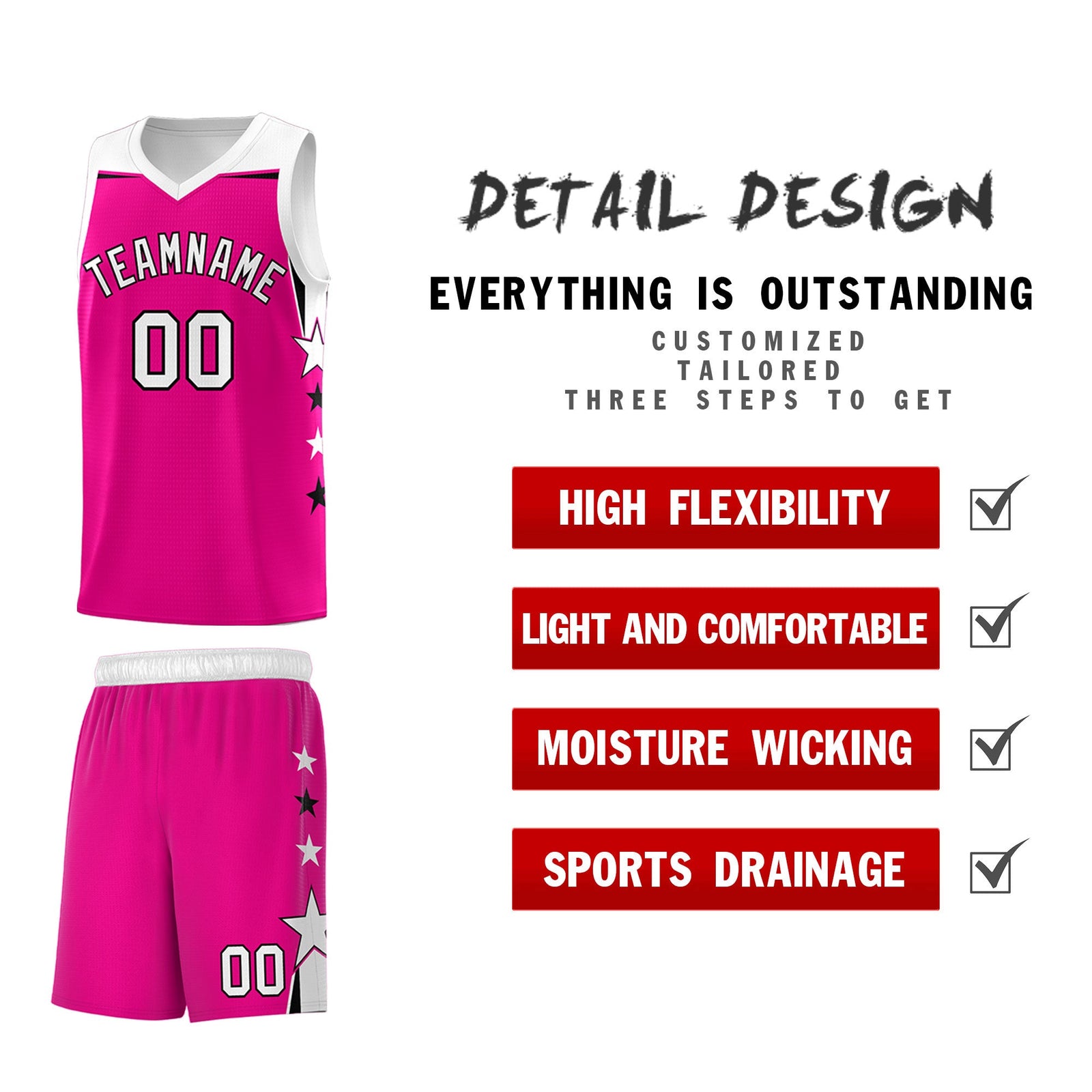 Custom Youth Basketball Uniform Pink White Two Tone Side Star Color Block Team Jersey
