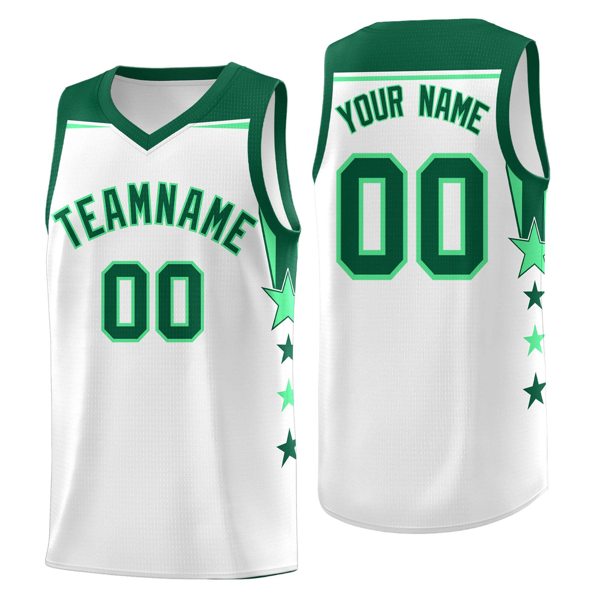 Custom Youth Basketball Uniform White Kelly Green Two Tone Side Star Add Name Number &amp; Logo